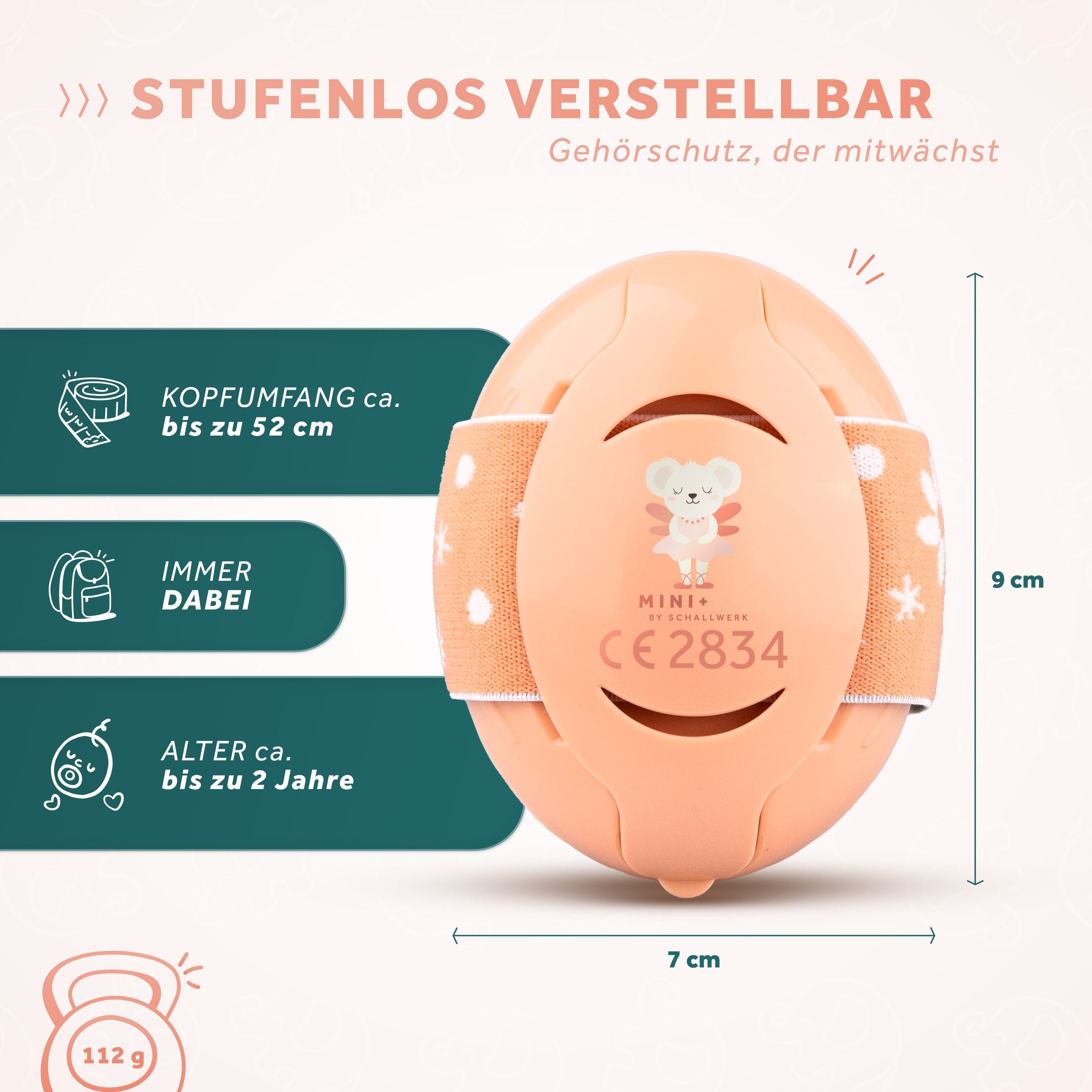 Schallwerk Kapselgehörschutz Mini+ Ohrenschützer für Kleinkinder - Gehörschutz Baby, (Kopfhörer Babys & Kleinkinder, Ohrenschutz für Babys mit verstellbaren Band), bis zu 52cm Kopfumfang