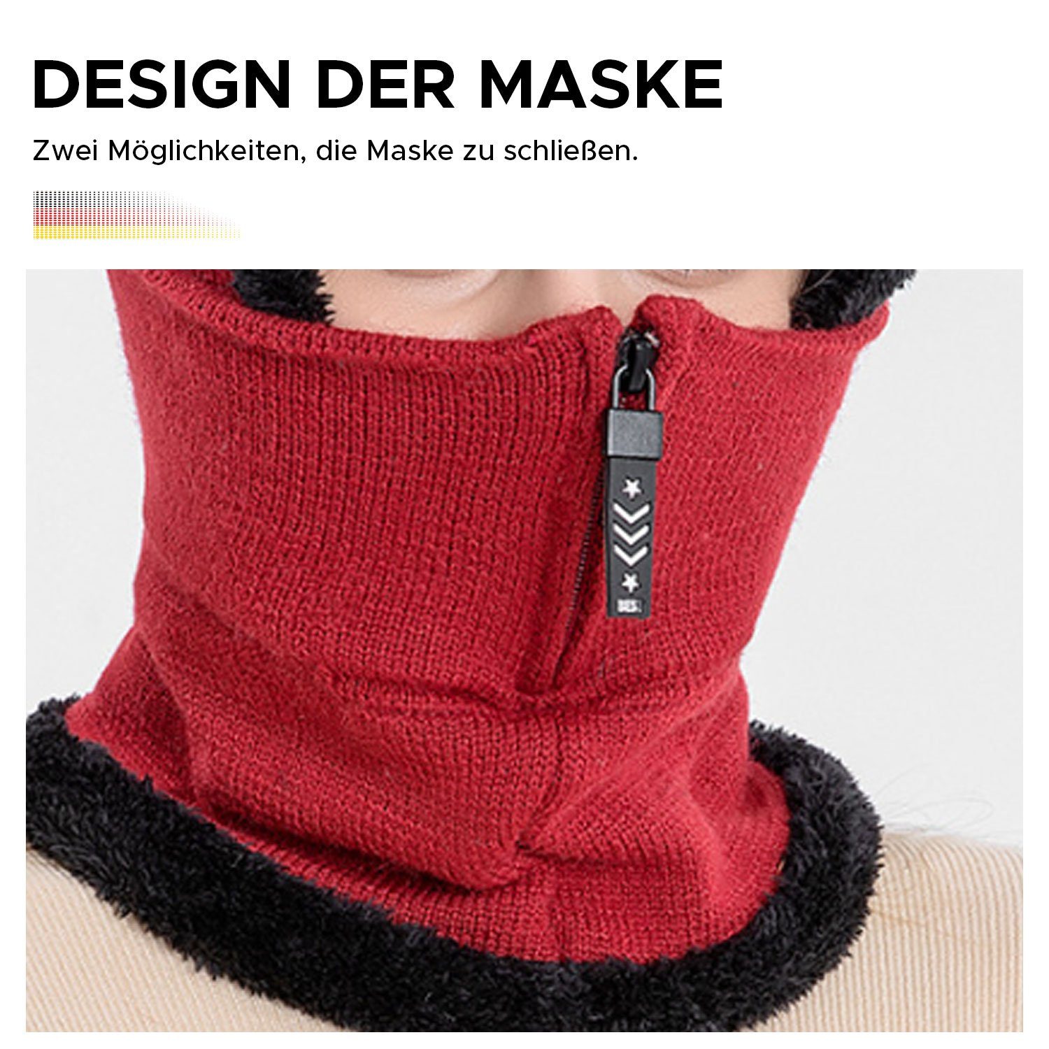 MAGICSHE Strickmütze Skimütze 2-in-1 Sturmhaube warmes Rosa Wintermützen-Schal-Mützen-Set