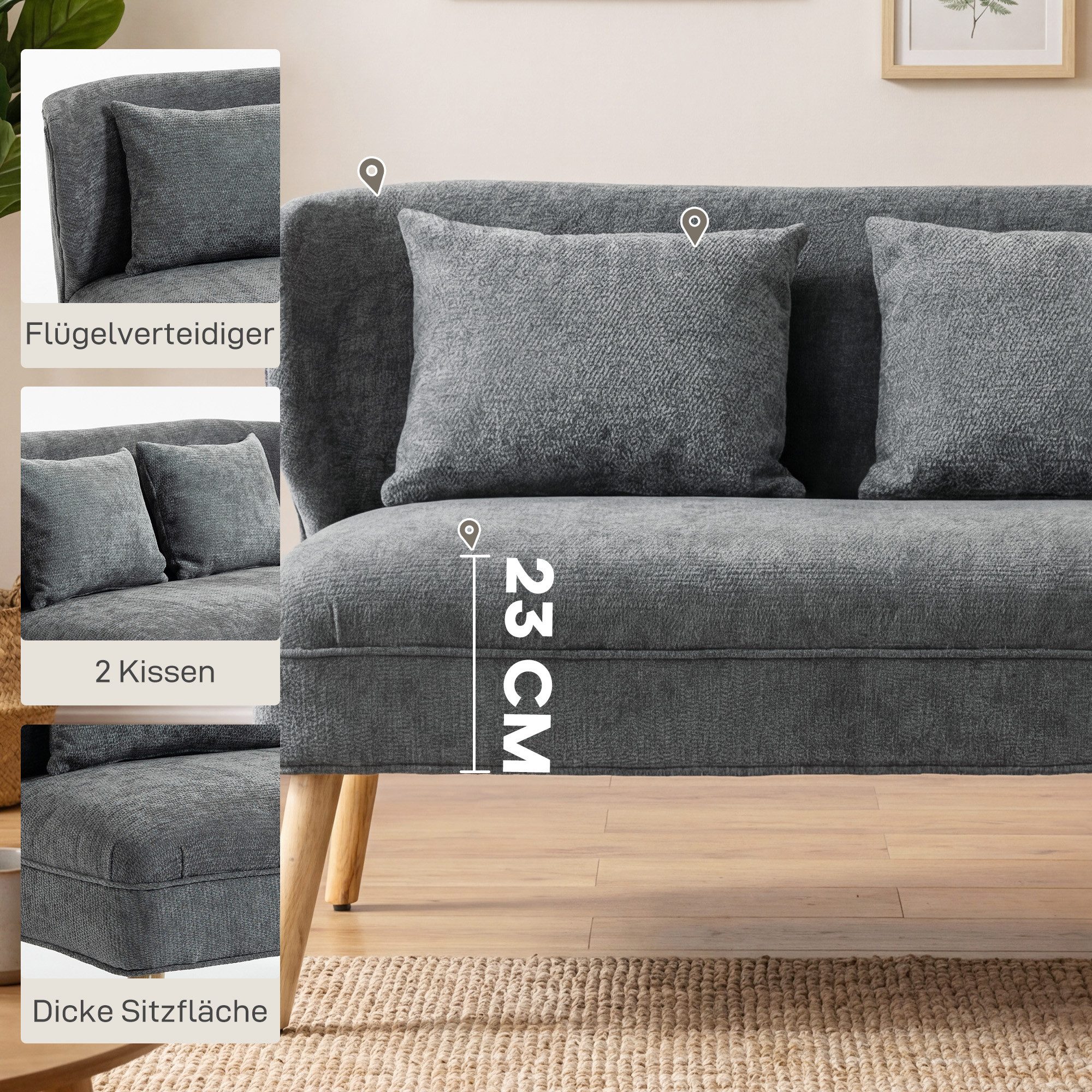 HOMCOM 2-Sitzer Polstersofa mit Chenille-Optik, Dick Gepolstert, Holzbeine, 117 cm Dick Gepolstert Doppelsofa 1 Teile, für Wohnzimmer, Schlafzimmer, Grau – Bild 5 von 5