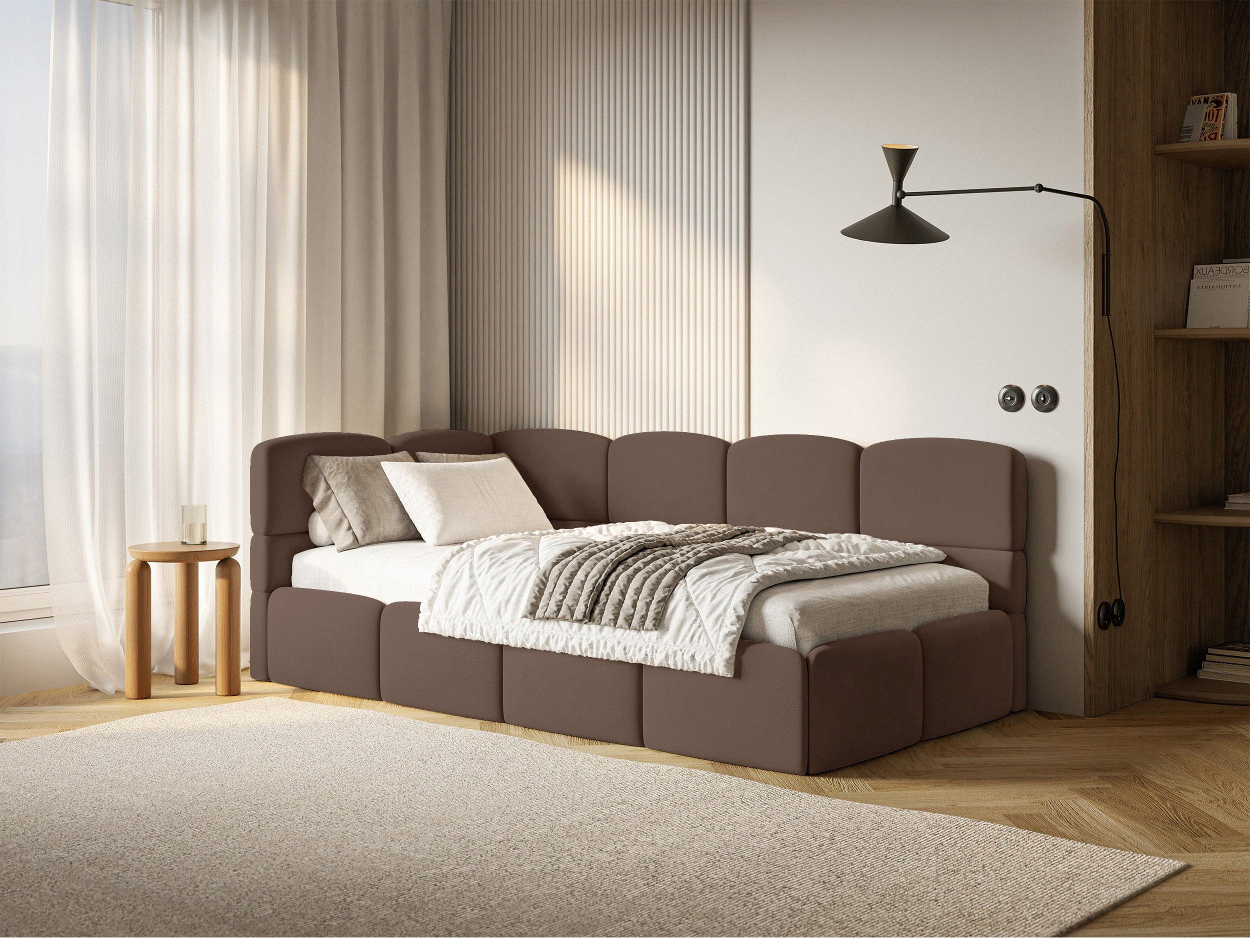 Selsey Jugendbett CLOUDY, mit Eck-Kopfteil, Lattenrost, Bettkasten und Easy-Clean-Samt, 120 cm