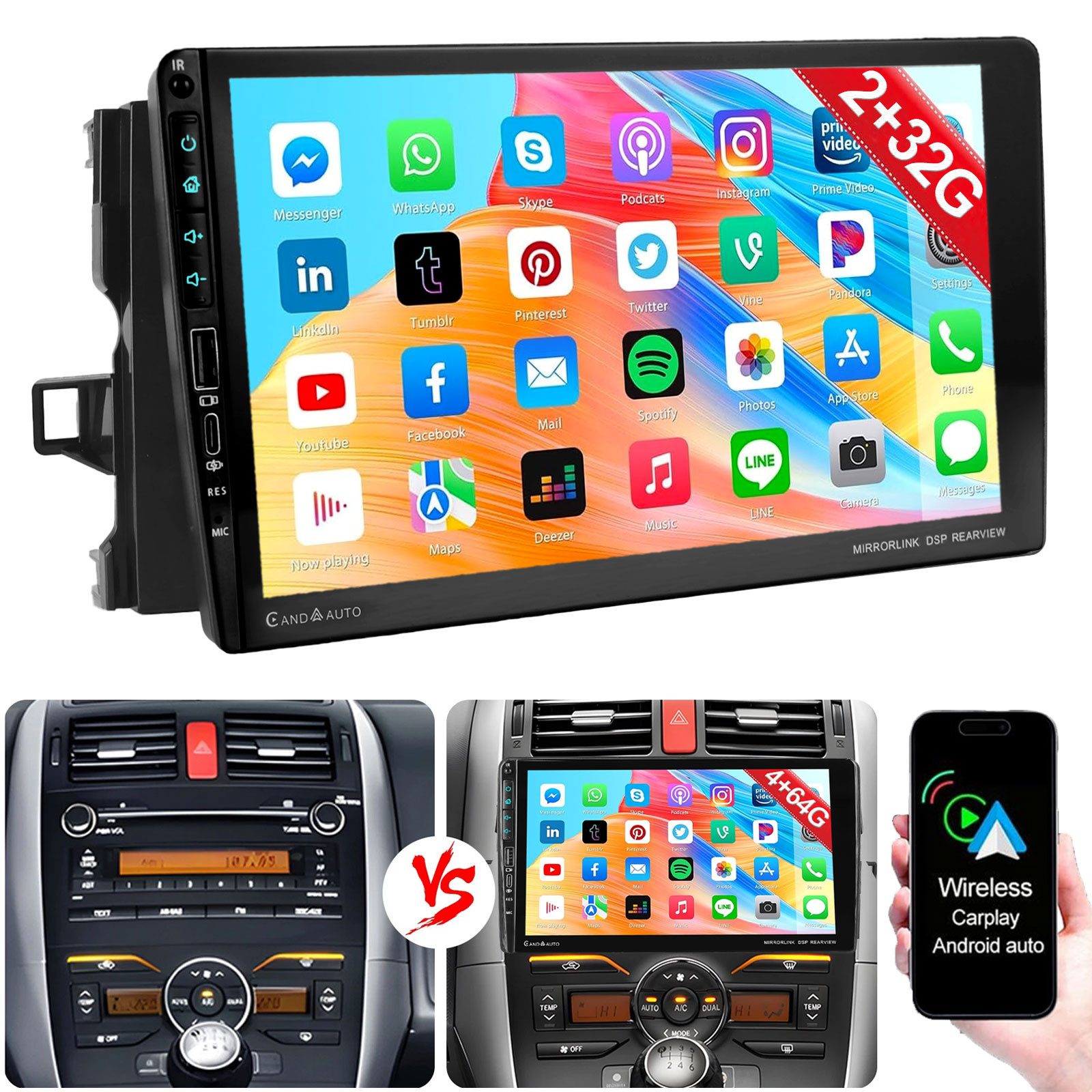 ESSGOO 64G Android 15 Für Toyota Auris 2006-2012 Carplay GPS Navi USB Type-C Autoradio (DAB (optional), DAB+ (optional), 4+64GB(optional), RDS, AM, FM, Carplay Android Auto Bluetooth EQ USB GPS Navi WIFI Touchscreen)
