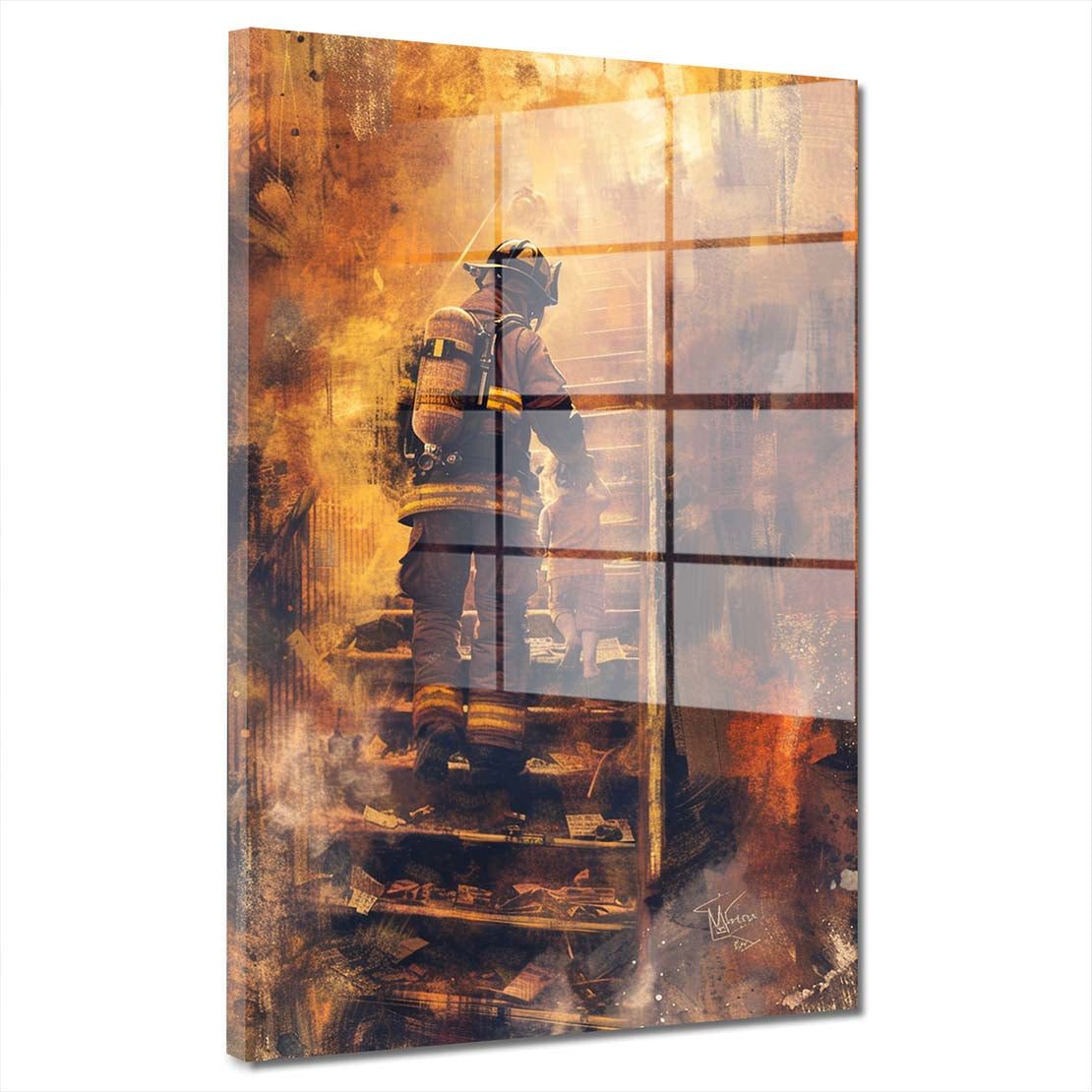 Artedinoi Acrylglasbild Feuerwehrmänner in brennendem Haus Acrylglas Wandbild Bild Wanddeko Wo