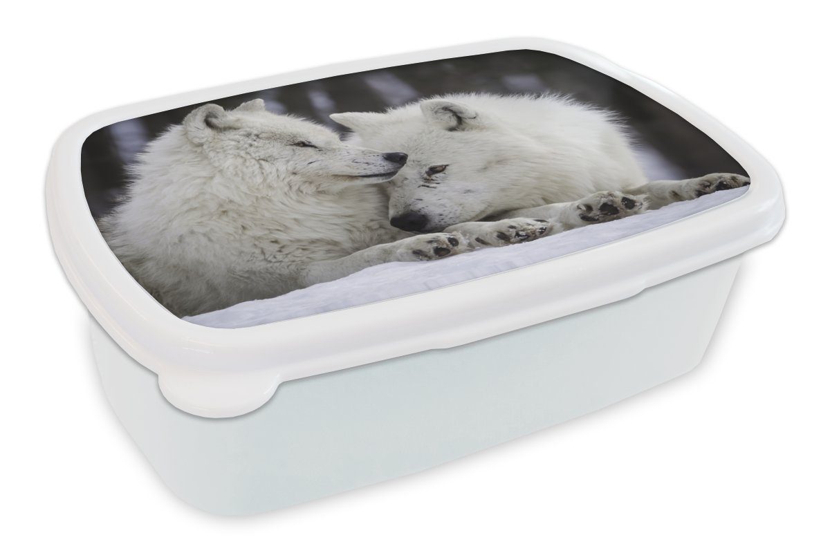 MuchoWow Lunchbox Wölfe - Schnee - Familie, Kunststoff, (2-tlg), Brotbox für Kinder und Erwachsene, Brotdose, für Jungs und Mädchen weiß