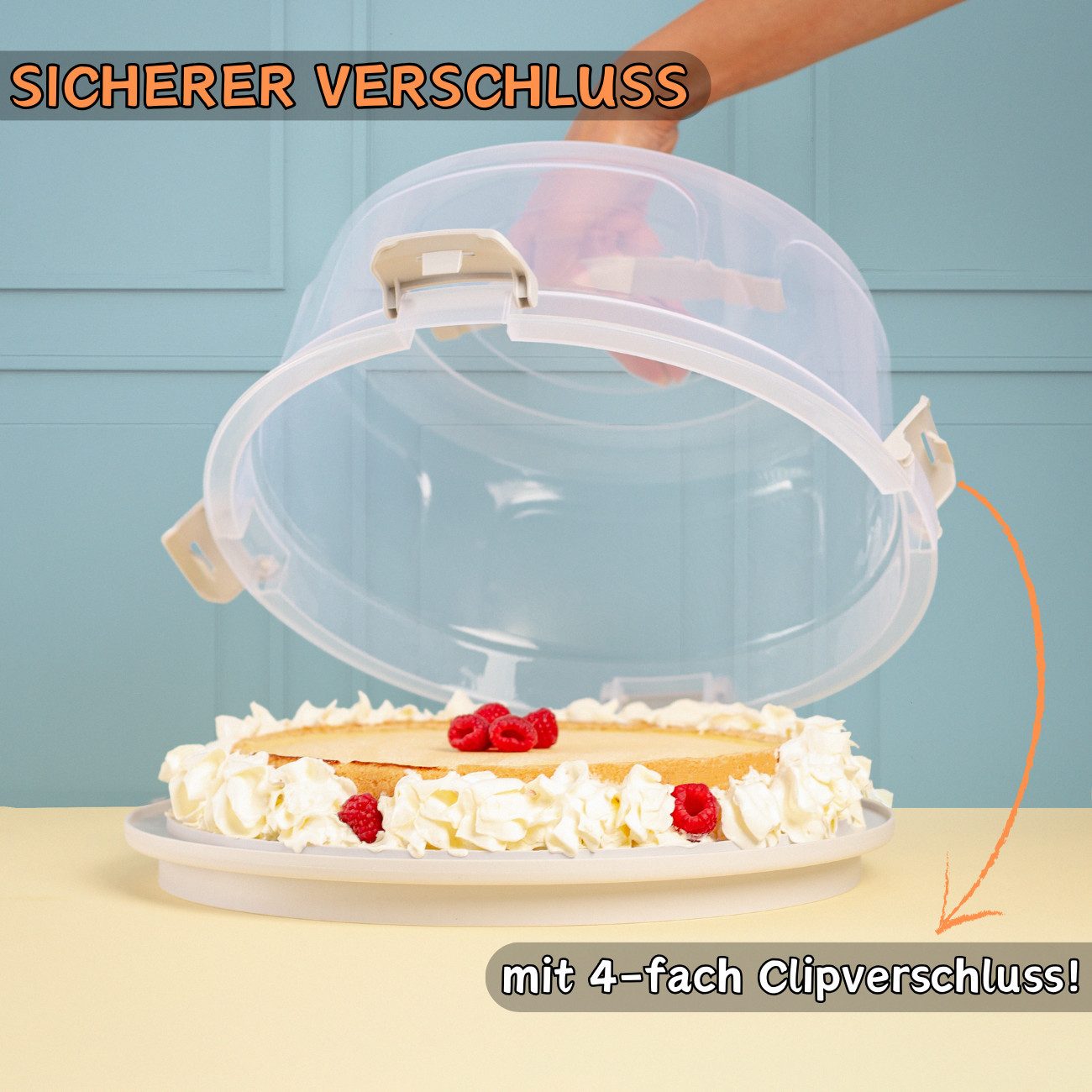 Engelland Kuchentransportbox mit Griff, Deckel und 4-fach Klick-Verschluss, rund, Kunststoff, (36,50 cm x H 17,50 cm, BPA-frei), spülmaschinengeeignet, lebensmittelecht, Stückeinteilungshilfe