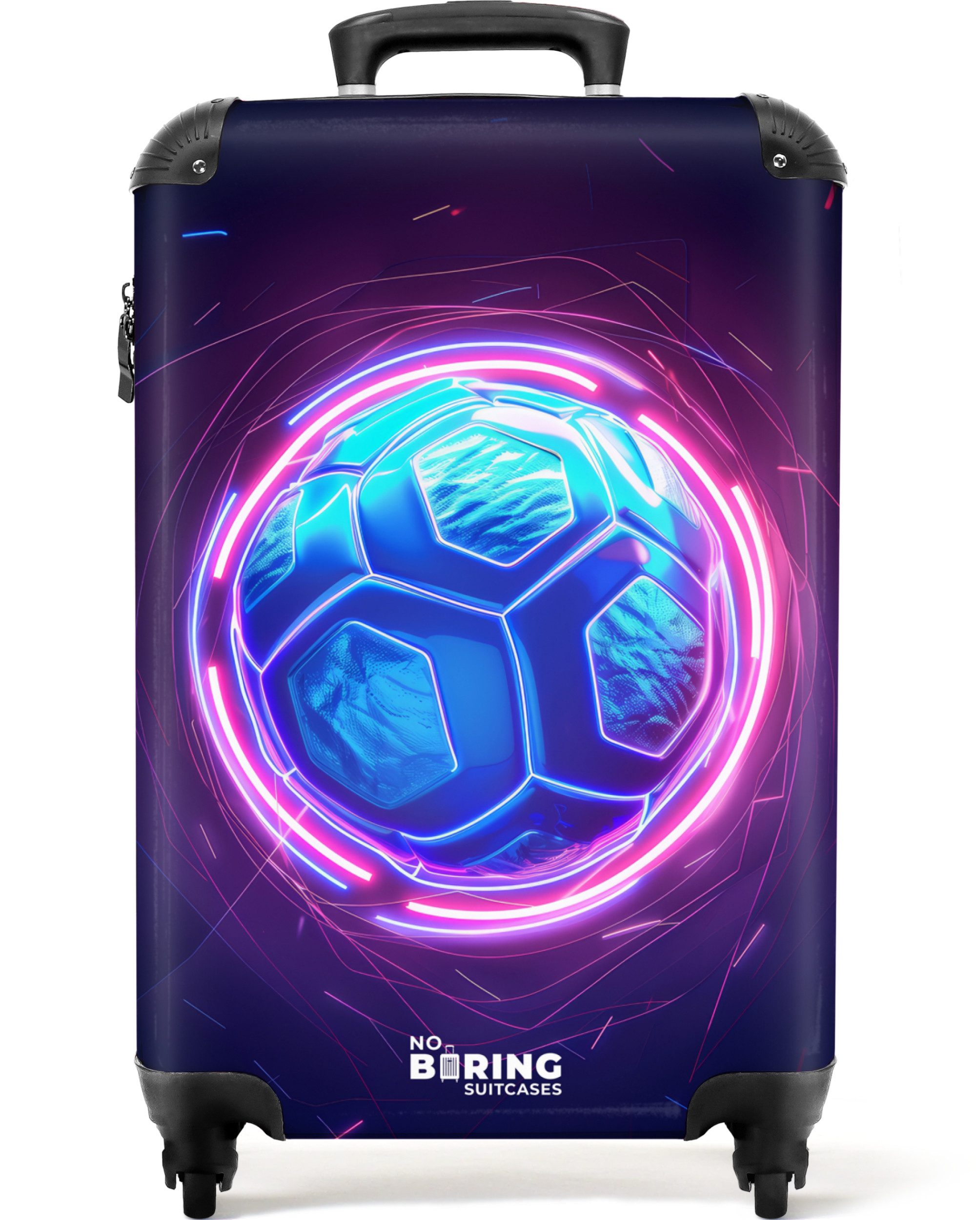 NoBoringSuitcases.com© Kinderkoffer Fußball in blauer Neonfarbe 55x35x20cm, 4 Rollen, Kinder Koffer Klein, Trolley Handgepäck, Reisekoffer