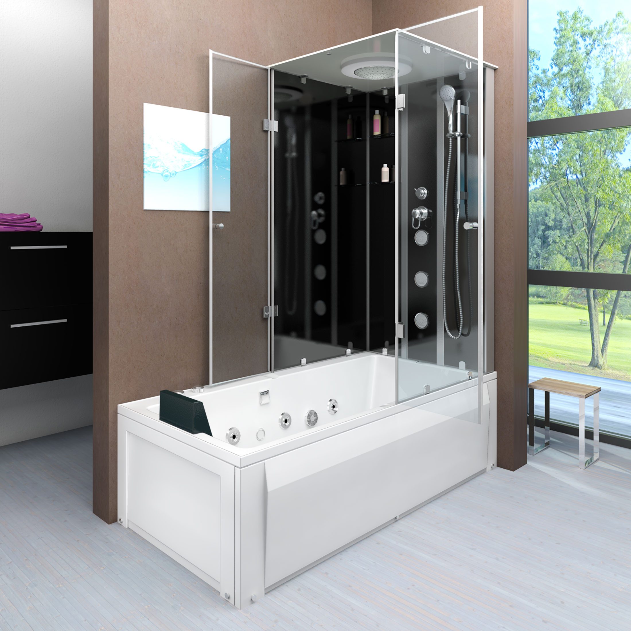 AcquaVapore Grossraumdusche Whirlpool Dusche Kombination K05-L30-WP 180x90 cm, Sicherheitsglas ESG, Integrierte Massagedüsen, Nackenstütze, Whirlpool Jets