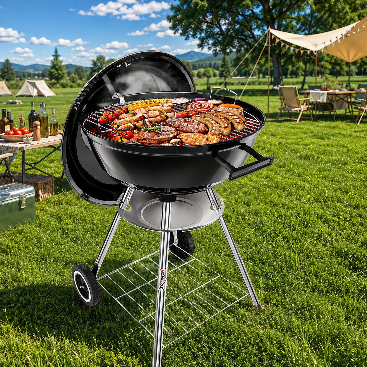 HOMELUX Holzkohlegrill Kugelgrill Ø34/44cm Grillfäche Campinggrill mit Luftventilen & Deckel, Verbrühungsschutz-Grif, Robust & langlebig, Grillwagen mit Ablage & Räder