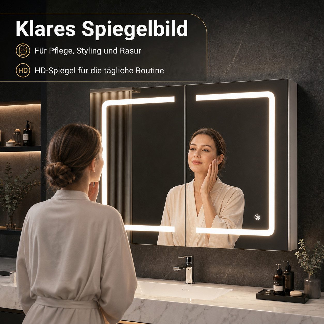 Simurq Spiegelschrank Spiegelschrank 80cm mit LED Beleuchtung & Anti-Beschlag (Spiegelschrank, Glasböden, LED-Beleuchtung, Netzteil, Montagezubehör) LED-Badezimmerspiegel mit Antibeschlagfunktion
