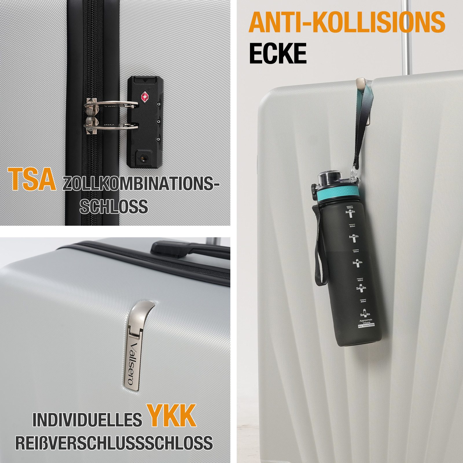 VALLSERO Trolleyset M-L-XL-Set, Gepäck mit Kosmetiktasche, Hartschalen-Koffer, 5-teiliges Set, hochfestes ABS-Gehäuse, 360° geräuschloses Rad