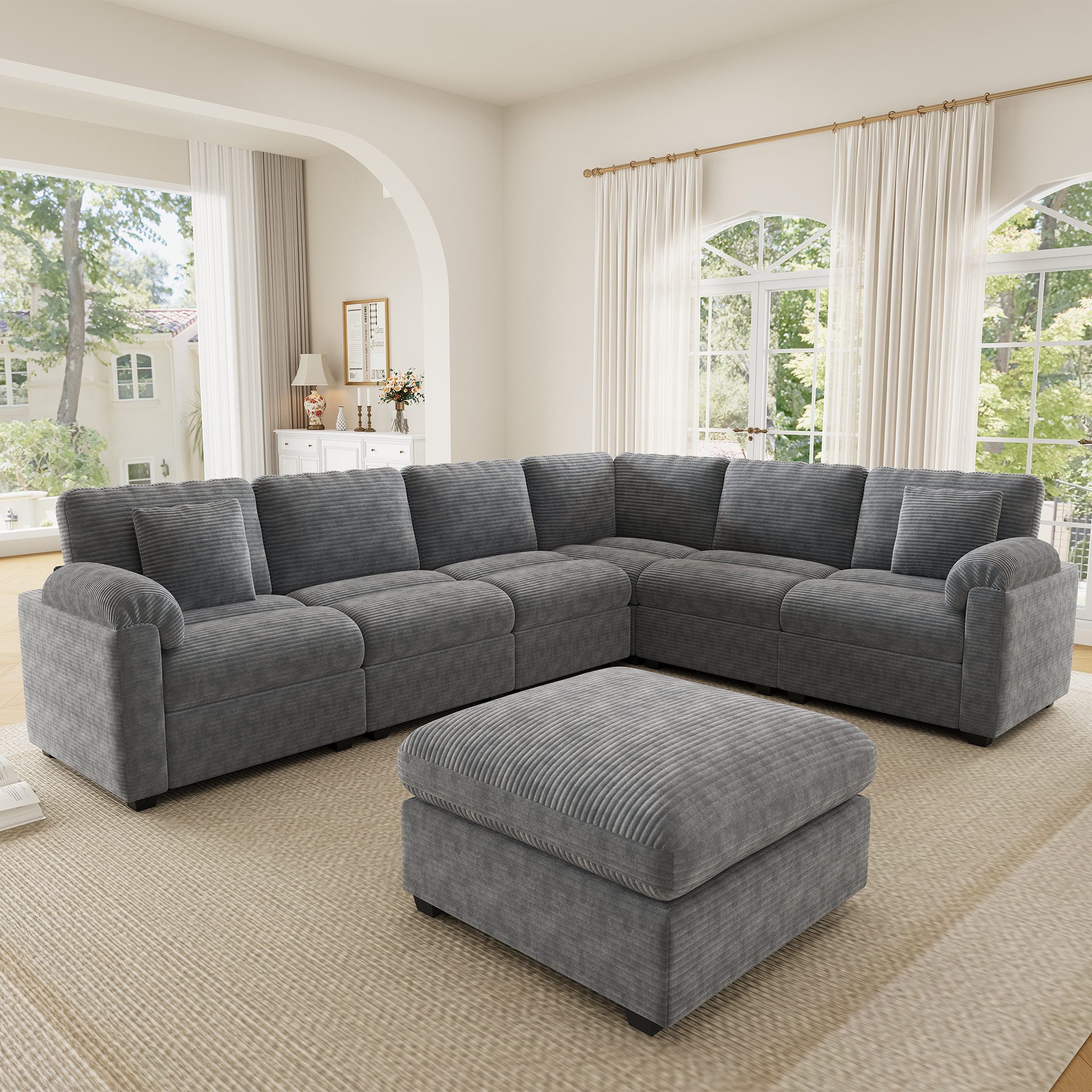 HAUSS SPOLE Ecksofa XXL‑Modul‑Schlafsofa mit Hocker,Modulares Sofa mit Kissen,Grau, U-förmiges / L-förmiges XXL-Loungesofa aus Cordstoff mit Kissen, Relaxsofa Kombinationssofa mit 6 Sitzmodulen + Hocker