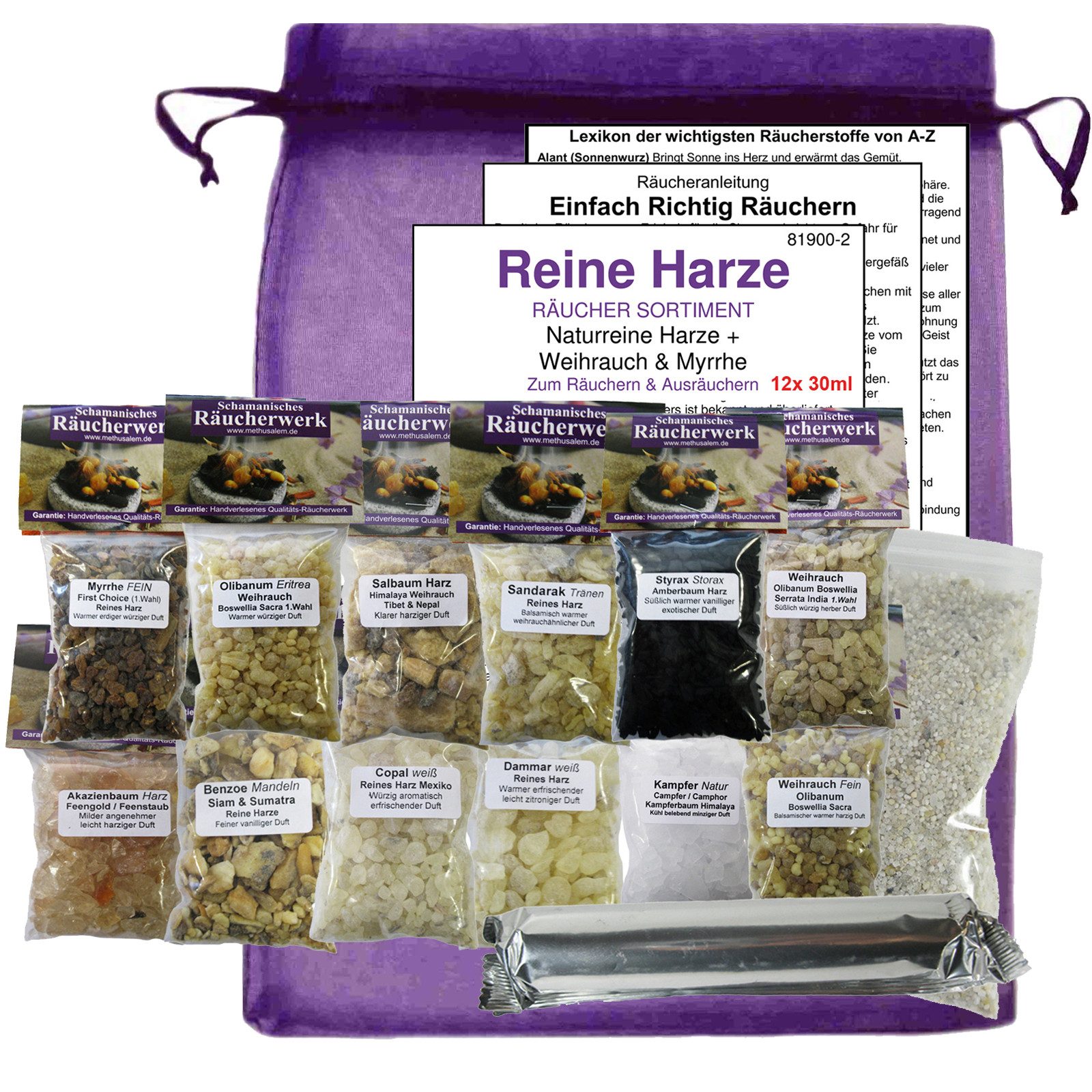 MyTobaQ Raumduft 16 teiliges Räuchersortiment mit Weihrauch, Myrrhe, Styrax uvm. (Sparset, 1-St., 12x Reine Harze a 30ml (360ml) + 4x Zubehör), Art. 81900-2