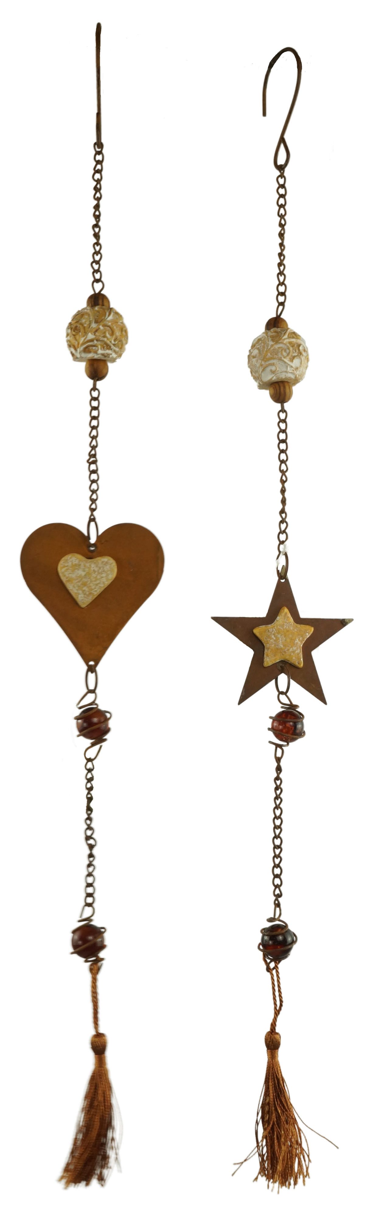 Denk Dekohänger Hänger Herz/Stern mit Kordel 2er Set ca. 55 cm - Dekoration (Set, 2 St., 2), Metall in Rostoptik, Glaskugeln, 2er-Set, beweglich, 55 cm Länge