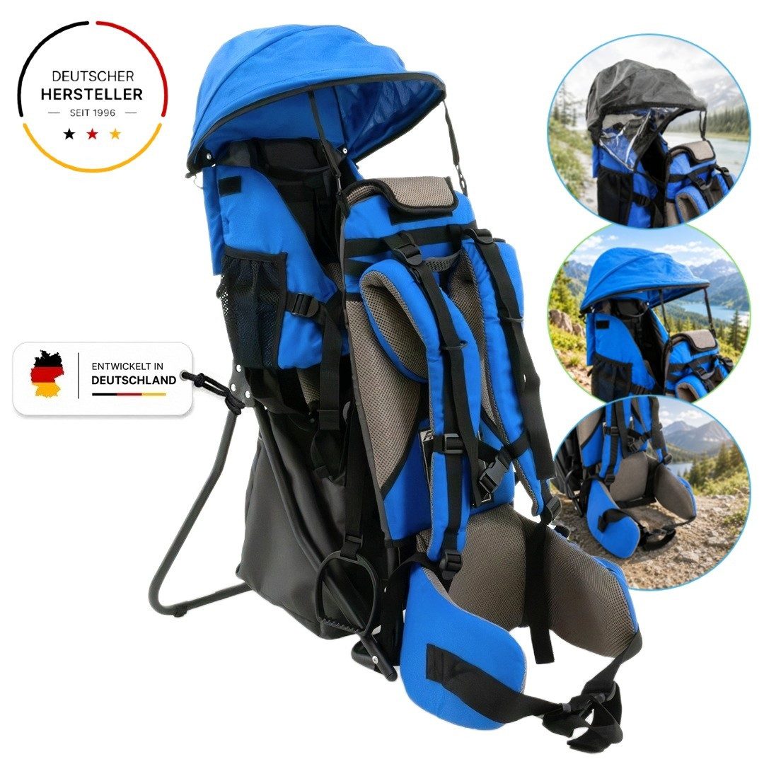 FASports Rückentrage Lil' Boss Kinderkraxe, Kindertrage (Kinderrückentrage, 1-tlg., blau-grau), Babytrage, 5-Punkt-Sicherungsgurt, Regen- und Sonnendach, Taschen