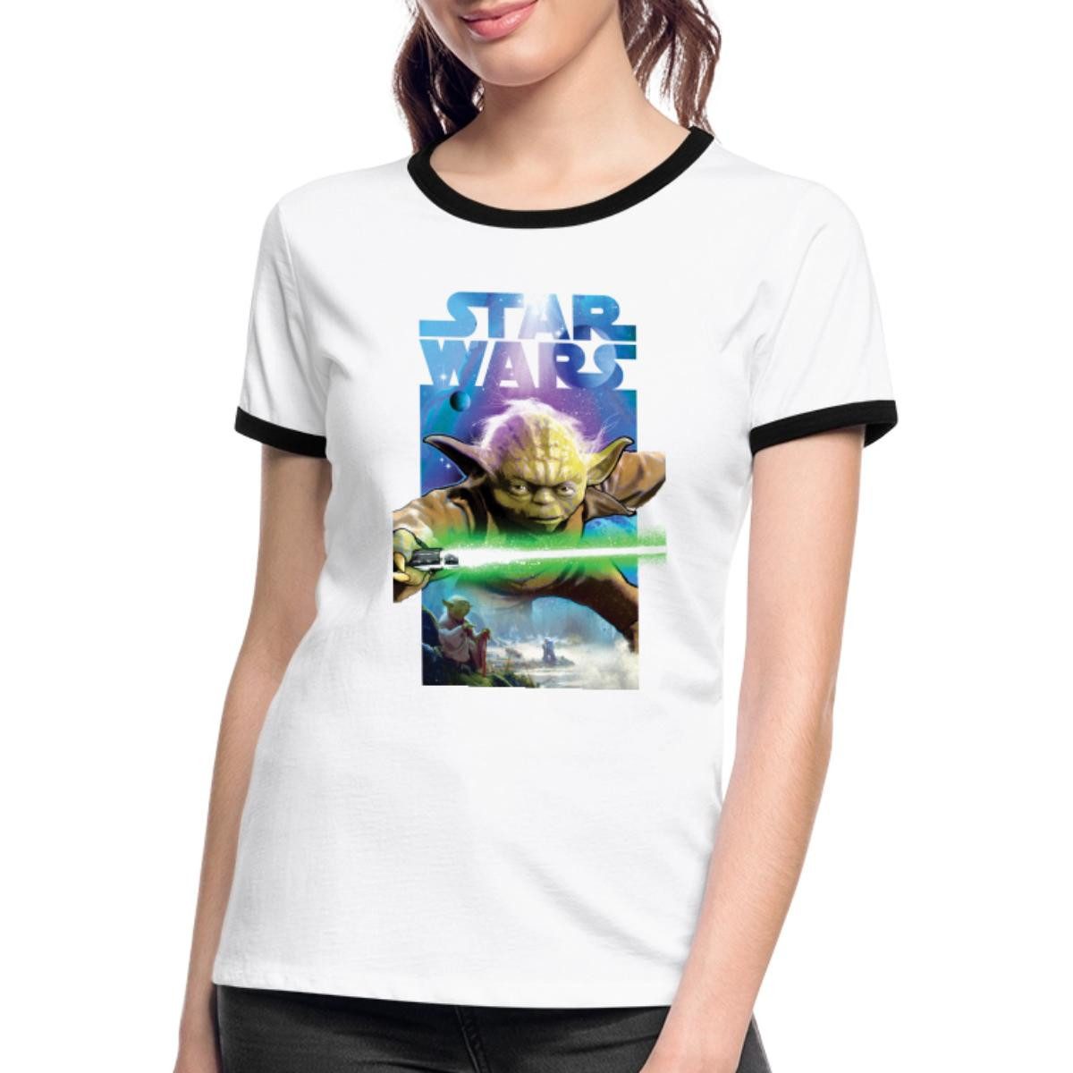 Spreadshirt T-Shirt Star Wars Meister Yoda Und Grünes Lichtschwert Frauen Kontrast T-Shirt (1-tlg)