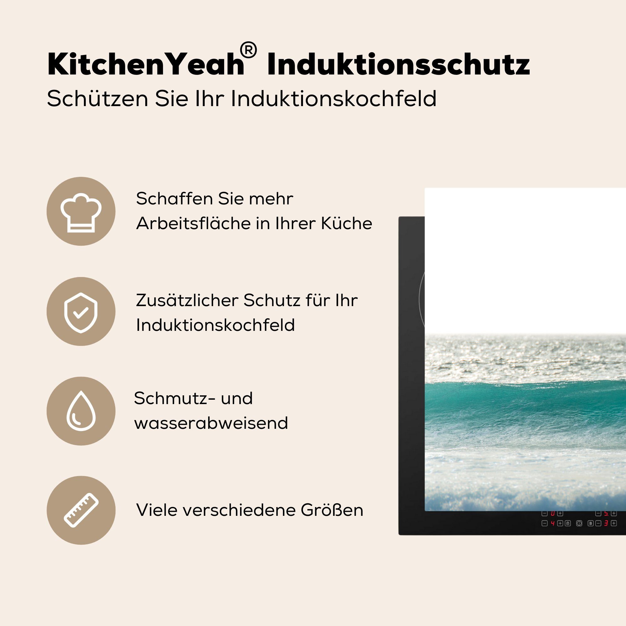 Vinyl, Surfer auf einer cm, (1 Dauerwelle, küche tlg), Ceranfeldabdeckung, Arbeitsplatte Herdblende-/Abdeckplatte 83x51 für MuchoWow