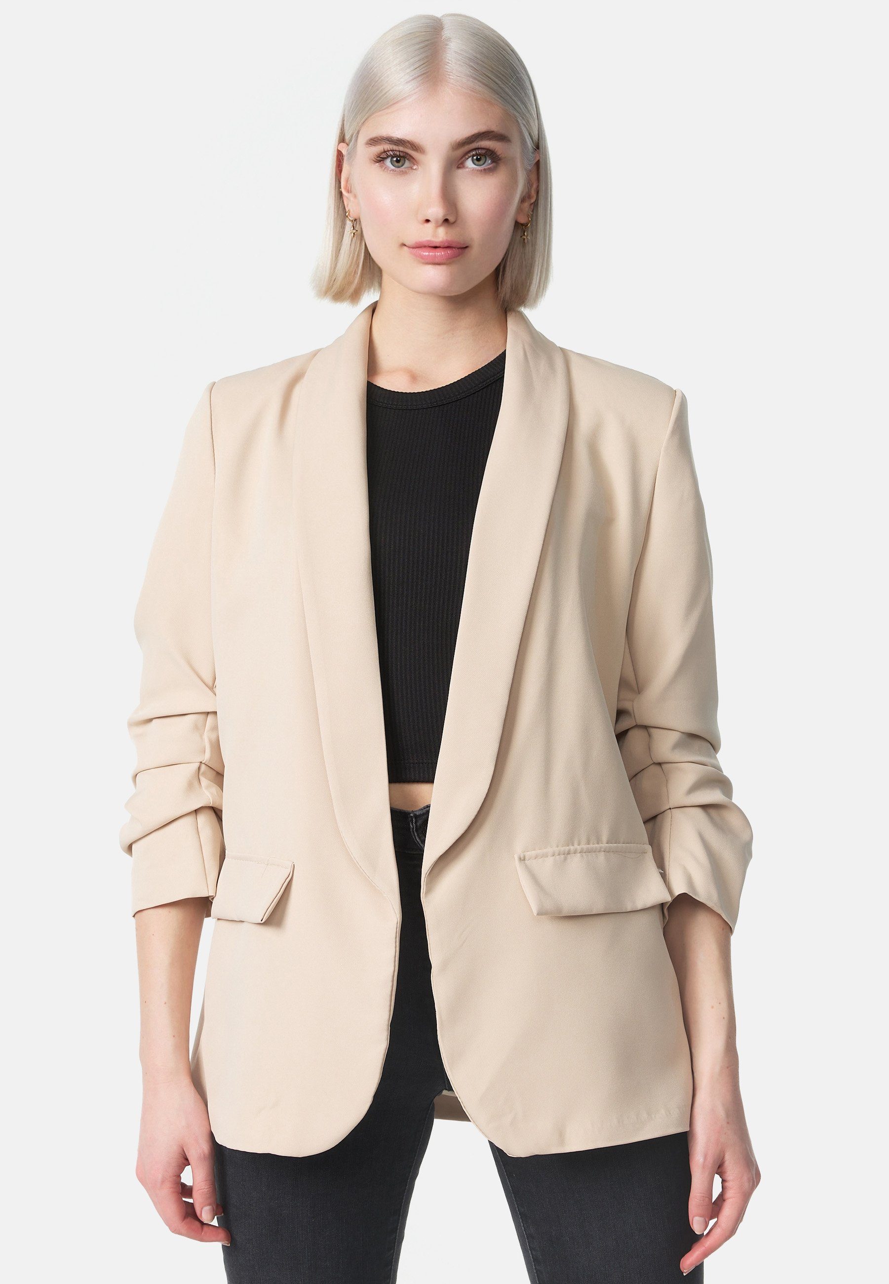 PM SELECTED Kurzblazer PM-22 Sakko (Stylischer Gerafften in Ärmeln Beige Business Blazer Einheitsgröße)