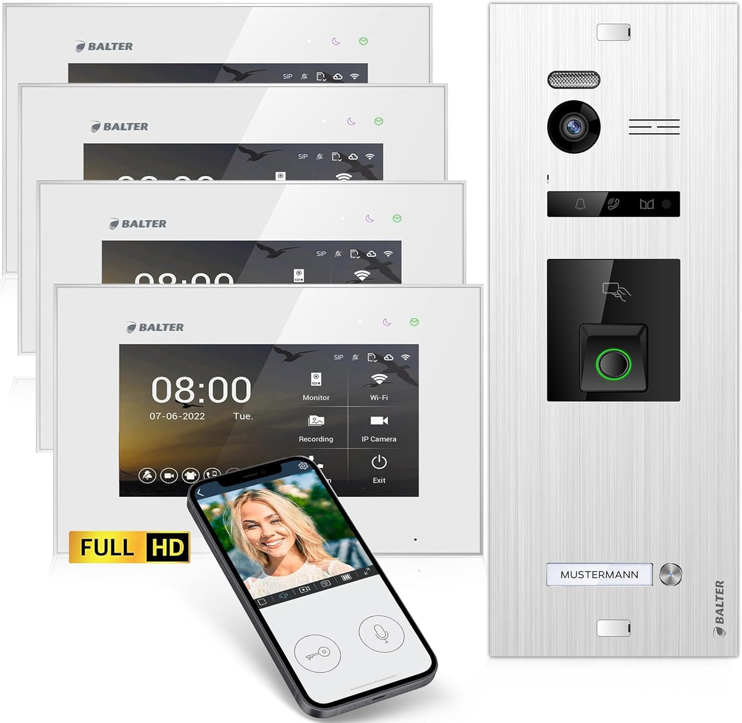 Balter Video-Türsprechanlage EVO HD Fingerprint RFID und App für 1 Familienhaus 4x Monitore (Türsprechanlage, Komplettset, Fingerprint, RFID, App, Full HD 175° Ultraweitwinkelkamera)