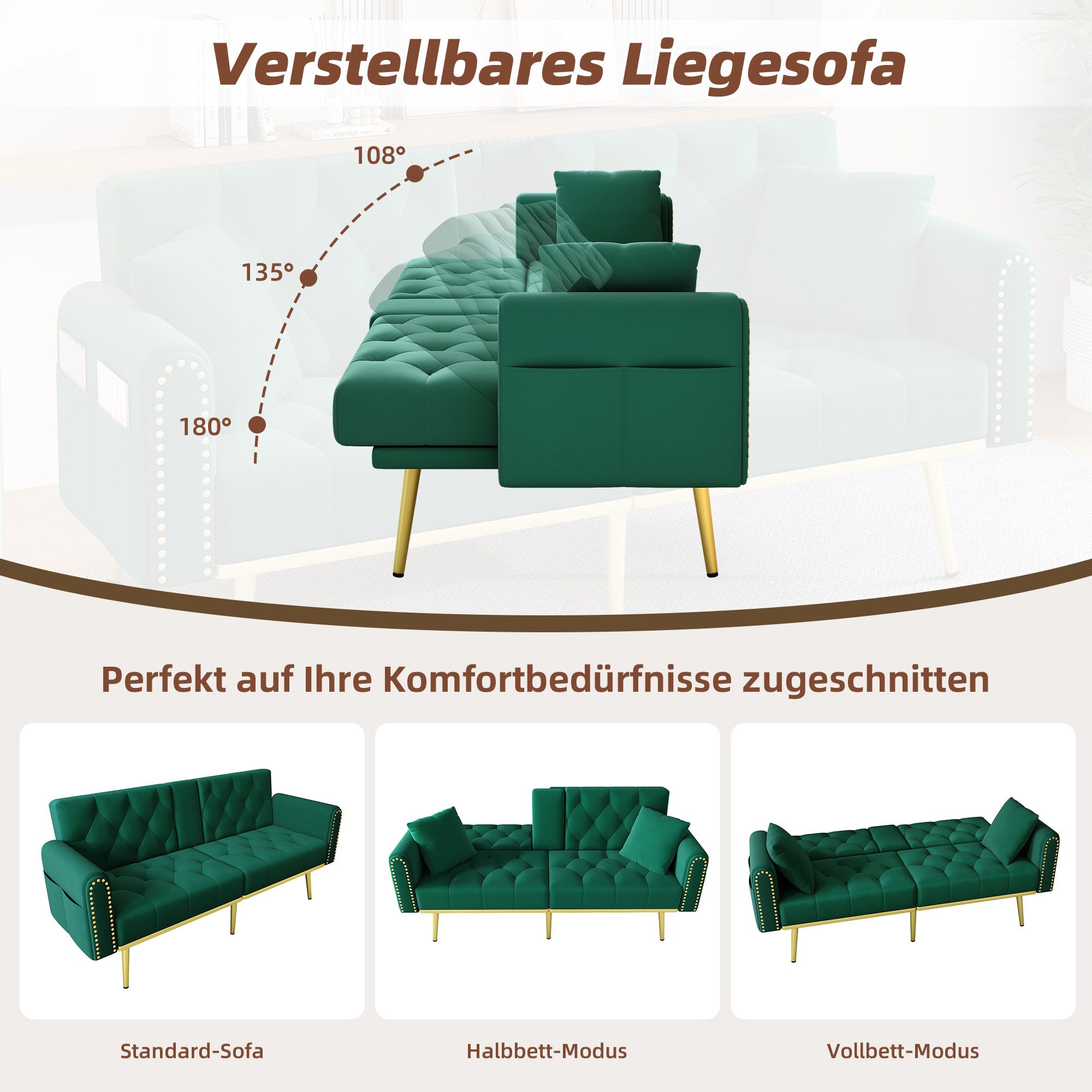 Merax Schlafsofa mit 3 verstellbaren Neigungswinkeln & ausklappbarer Liegefunktion, 2 sitzer Klappsofa Polstersofa mit bettfunktion 1 Teile, Sofa klappbar mit Getränkehalter, Zierkissen & Seitentasche, Samtbezug