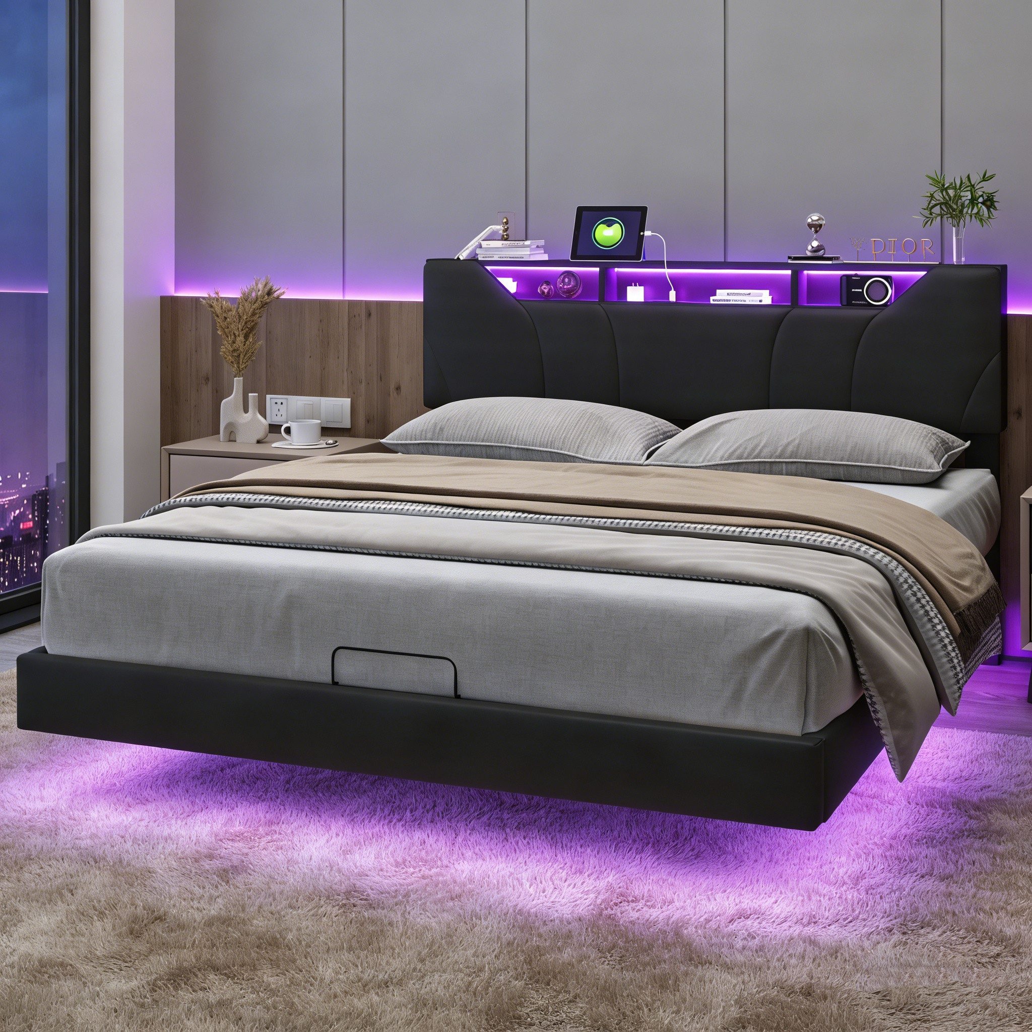 PXloue Polsterbett LED hydraulisches Doppelbett (inkl Aufbewahrungskiste), mit USB-Laden und Stauraum am Kopfteil, PU, 140x200 cm