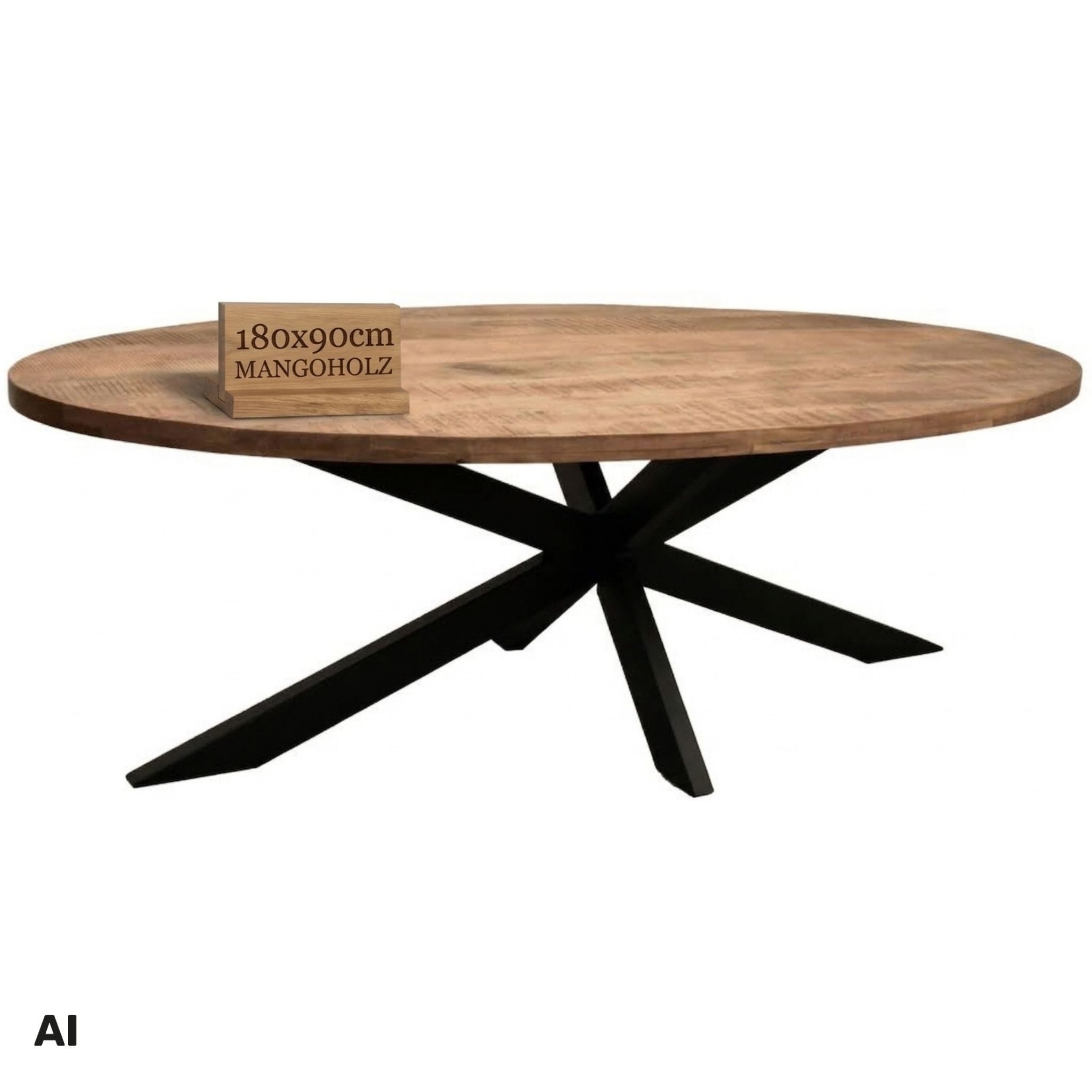 MR.DEKO Esstisch Avola Tisch Mangoholz oval 180x90 cm, Massivholz, natur lackiert (ovaler Esstisch für 4-6 Personen), Bohlenoptik, Höhenverstellbares, kratzfestes Gestell