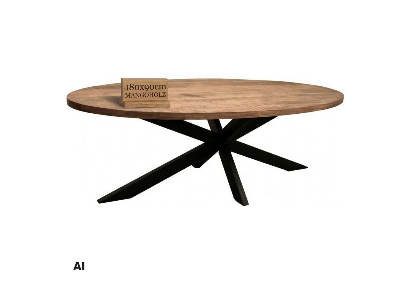 MR.DEKO Esstisch Avola Tisch Mangoholz oval 180x90 cm, Massivholz, natur lackiert (ovaler Esstisch für 4-6 Personen), Bohlenoptik, Höhenverstellbares, kratzfestes Gestell