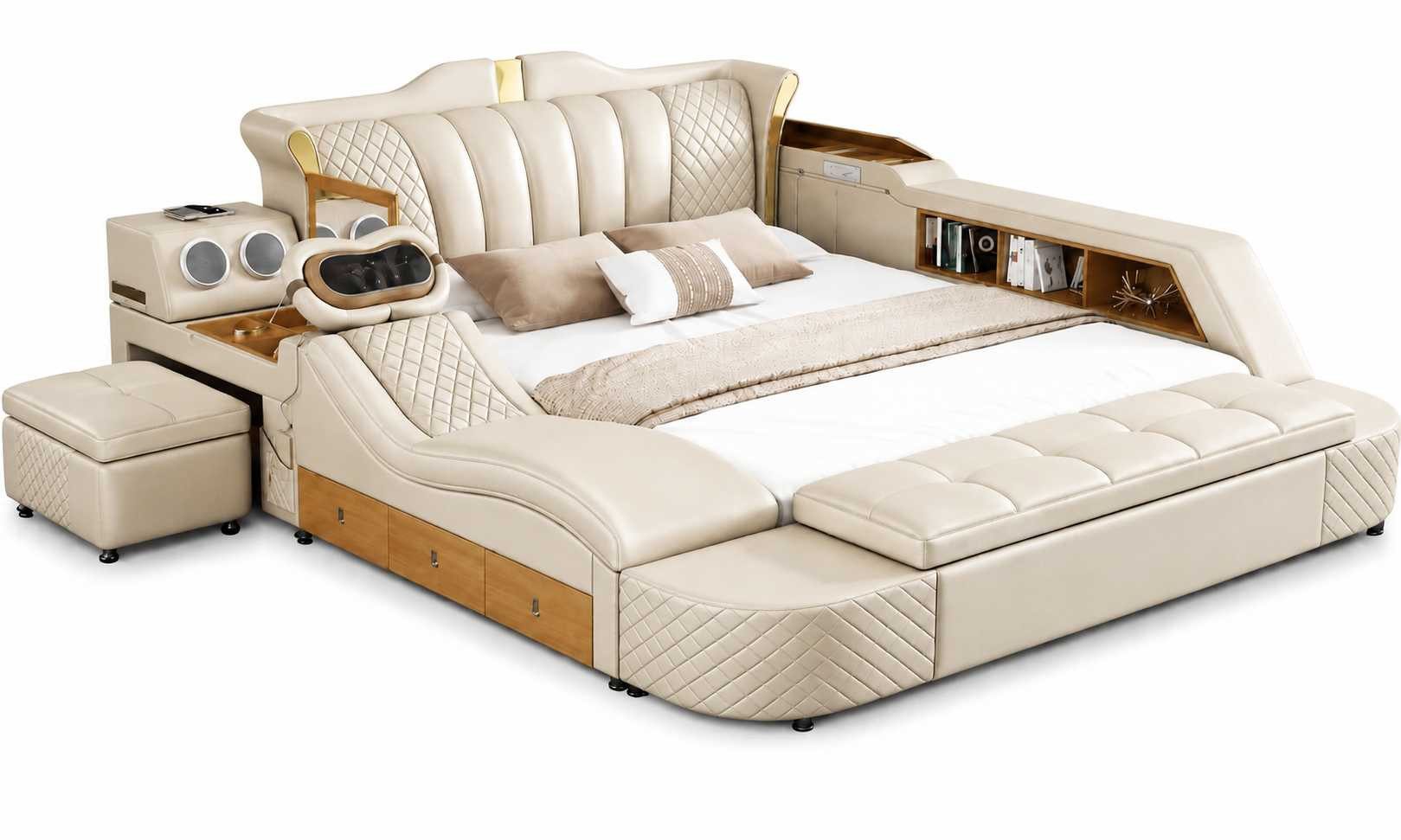 JVmoebel Polsterbett Doppelbett Beige mit Massagefunktion und Stauraumsystem, Made in Europa
