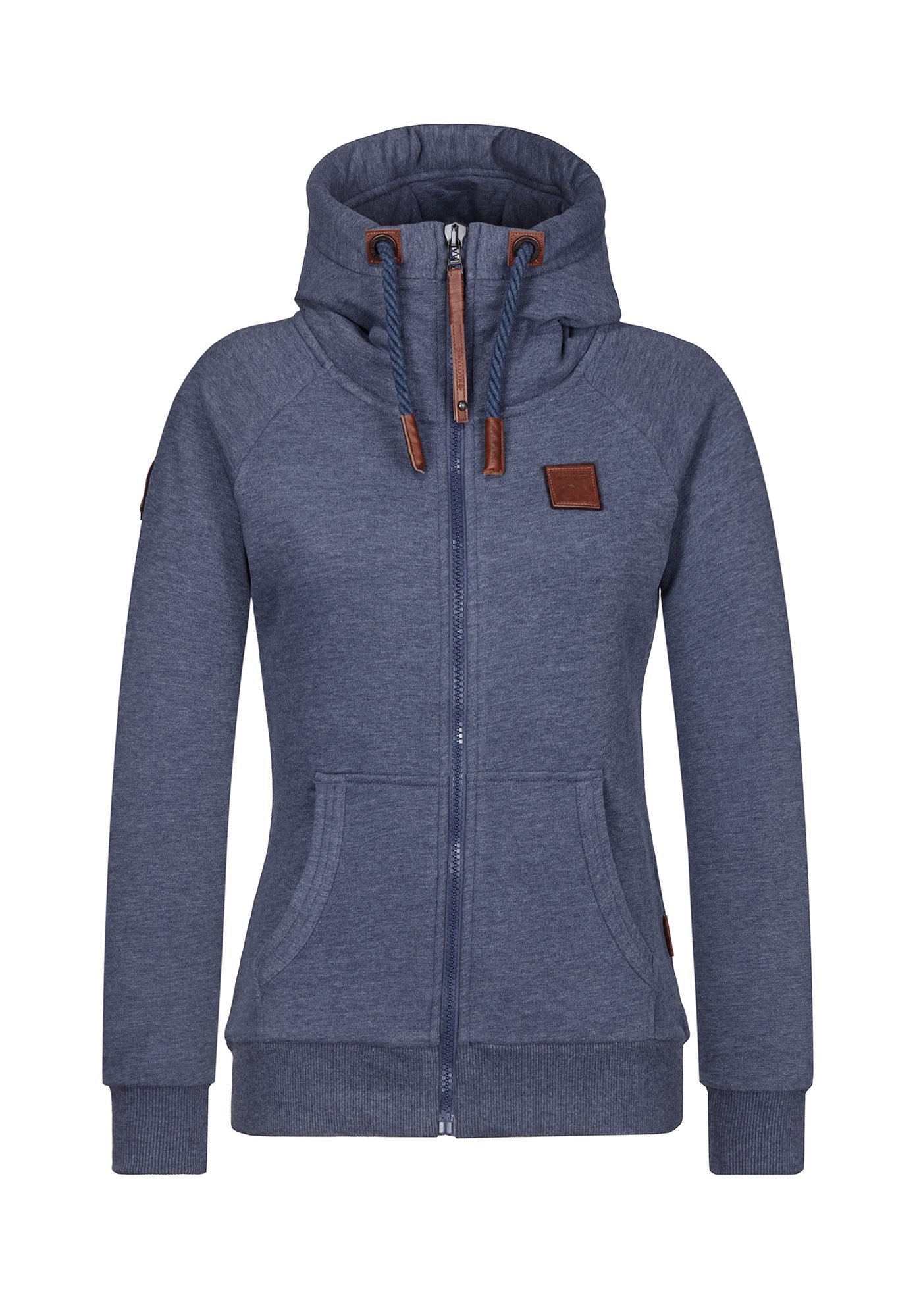 naketano Sweatjacke Damen mit Kapuze, Kängurutasche, tailliert, melierte Sweatware, Raglan Kordelzug, Rippbündchen, Kunstleder-Logo, casual, Streetwear, Langarm