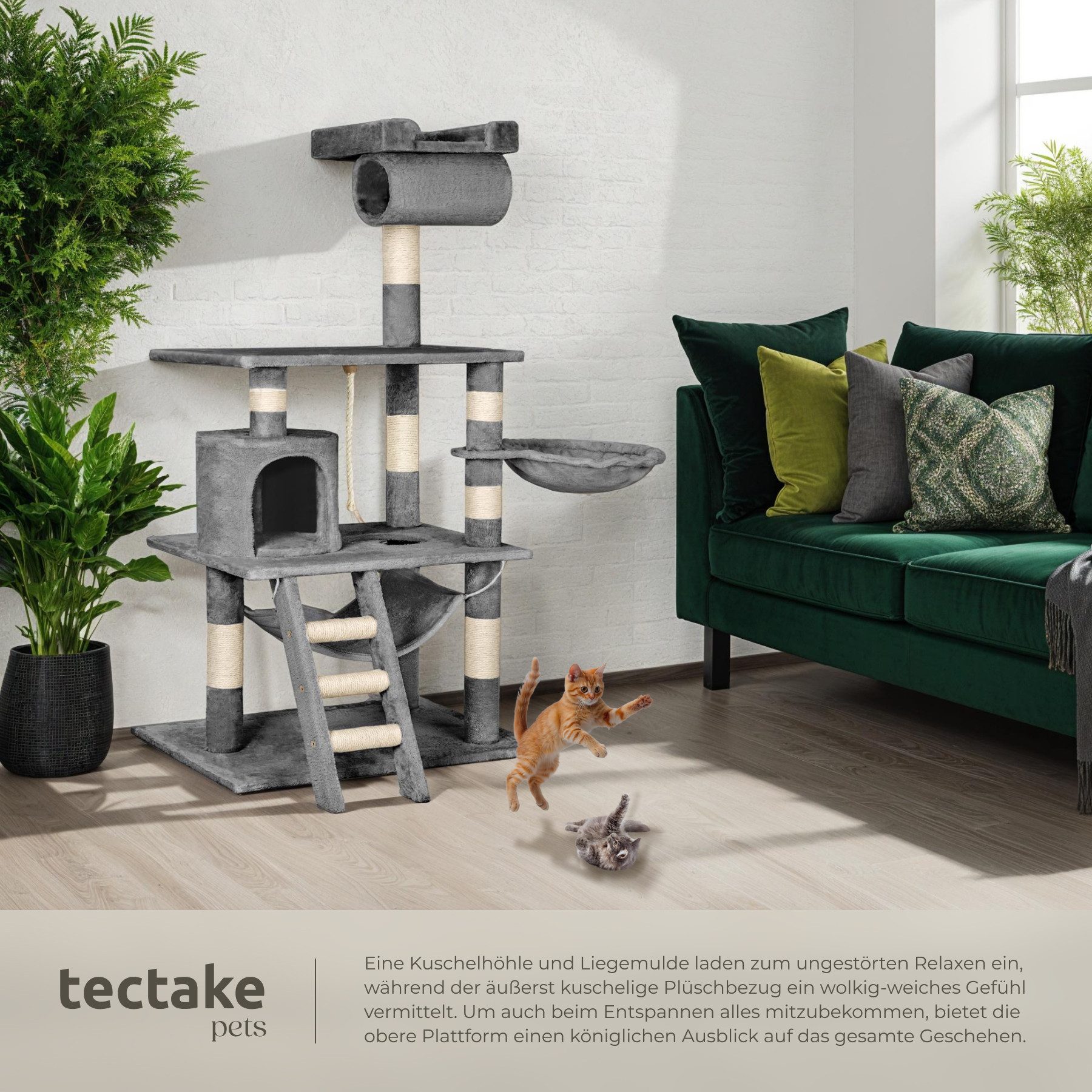 tectake Kratzbaum Katzenbaum Stokeley 141 cm Diverse Farben, Vielseitig mit robusten Sisalstangen und Plüschoberfläche