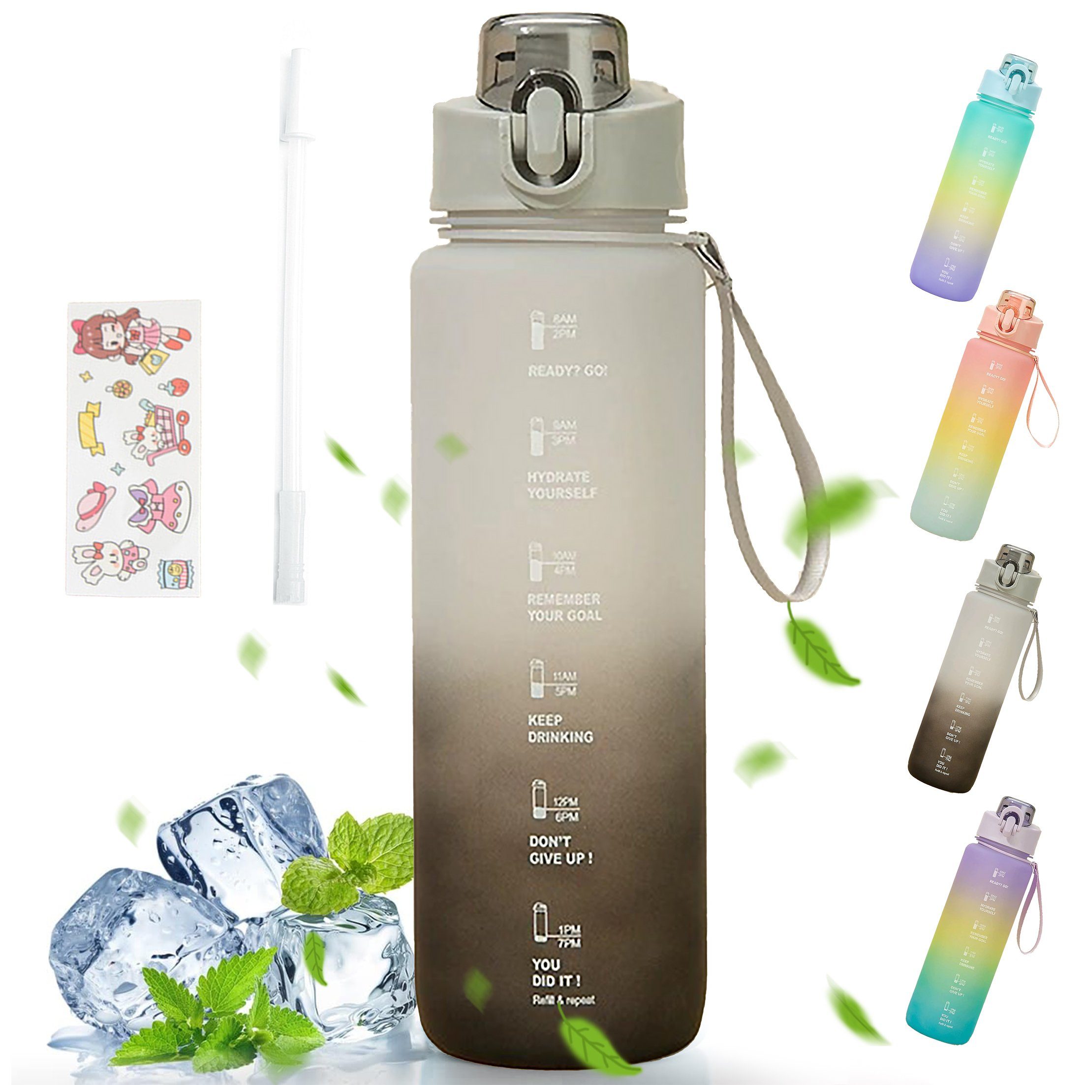 LeiGo Trinkflasche 1000ML Trinkflasche, Wasserflasche, Sportflasche, Auslaufsicher, Wasserflasche mit Strohhalm und Trinkflasche mit Zeitstempel Grauer Farbverlauf
