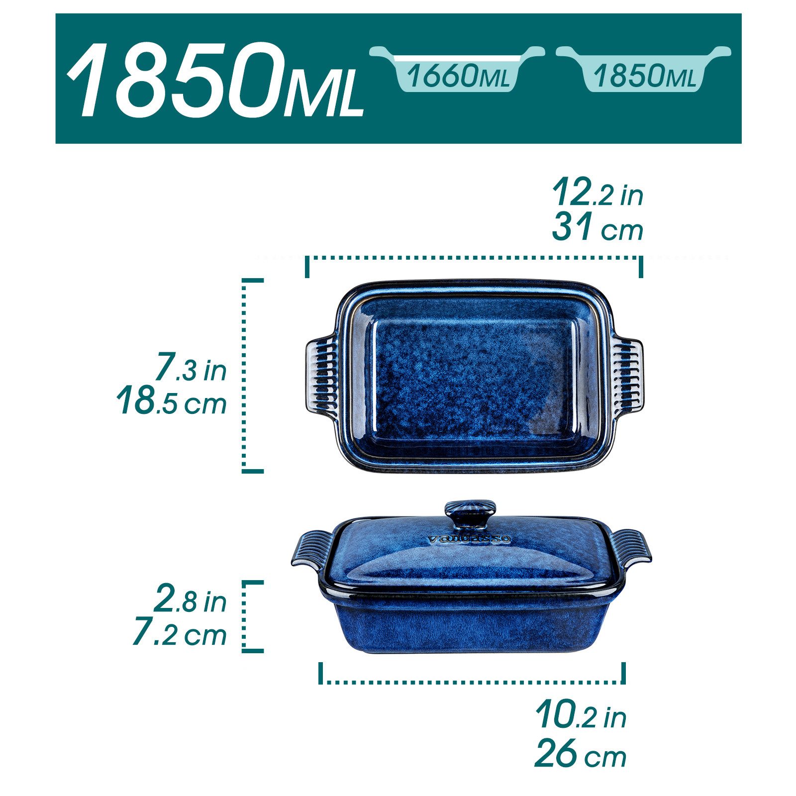 vancasso Backform 1-tlg Porzellan Backform Set mit Deckel, Ofenform, Auflaufform, Blau, (1-tlg)