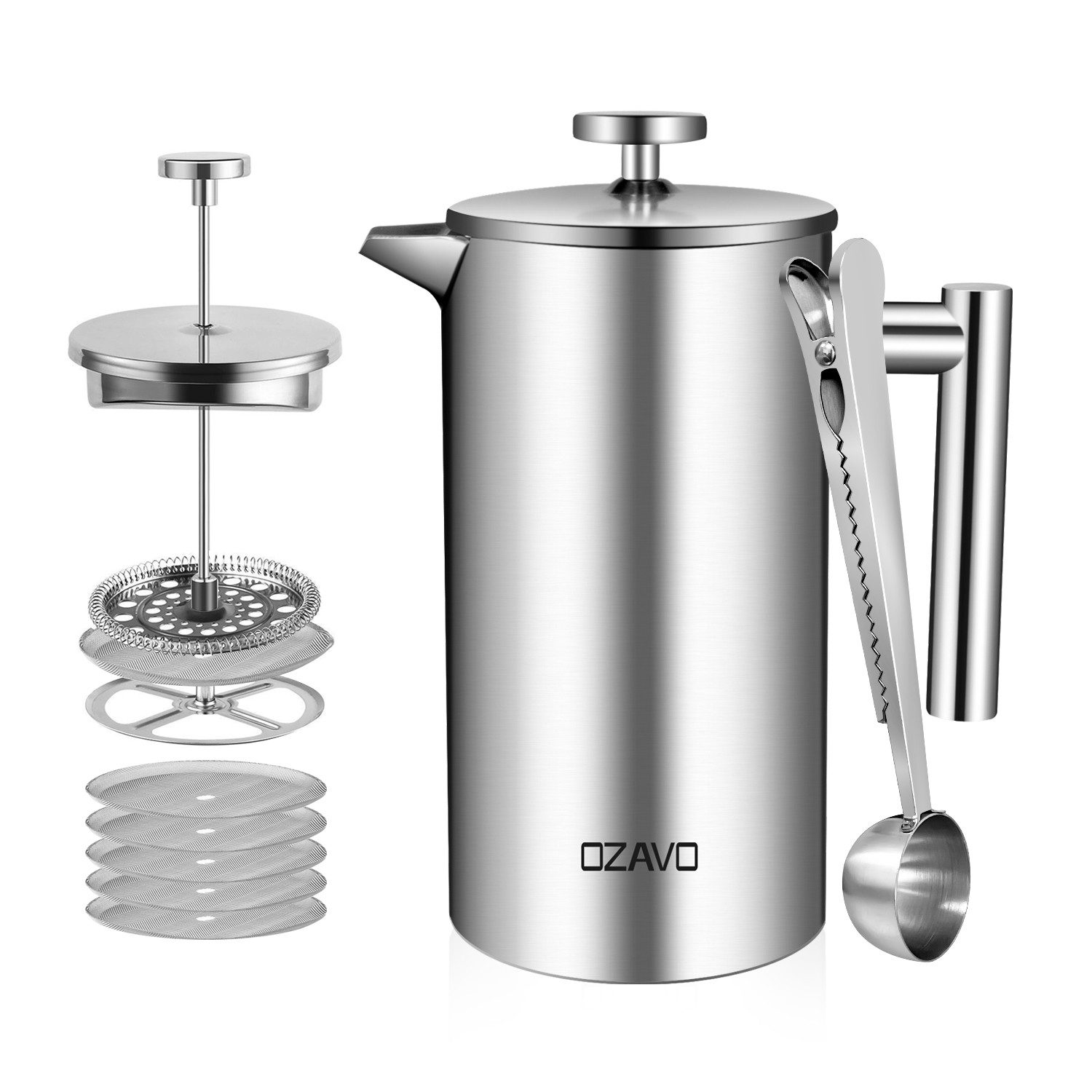 OZAVO Kaffeebereiter French Press 1000ML mit 5 Ersatzfilter und 1 Löffel, Doppelwandige Edelstahl Kaffeekanne Kaffeepress Silber