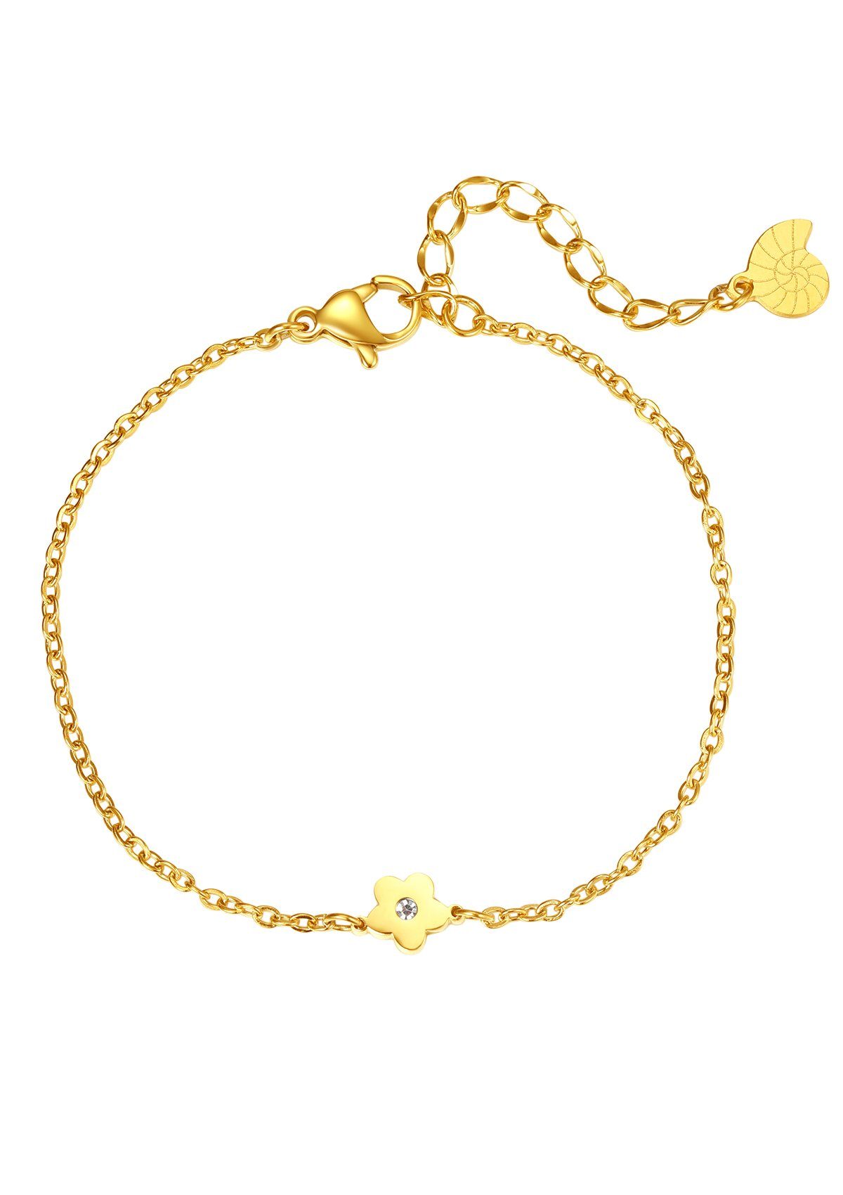 Hey Happiness Charm-Armband Blume Roségold vergoldet, Ankerkette 14.5-18.5 cm verstellbar, Edelstahl Damen Armkette Zirkon, wasserfest