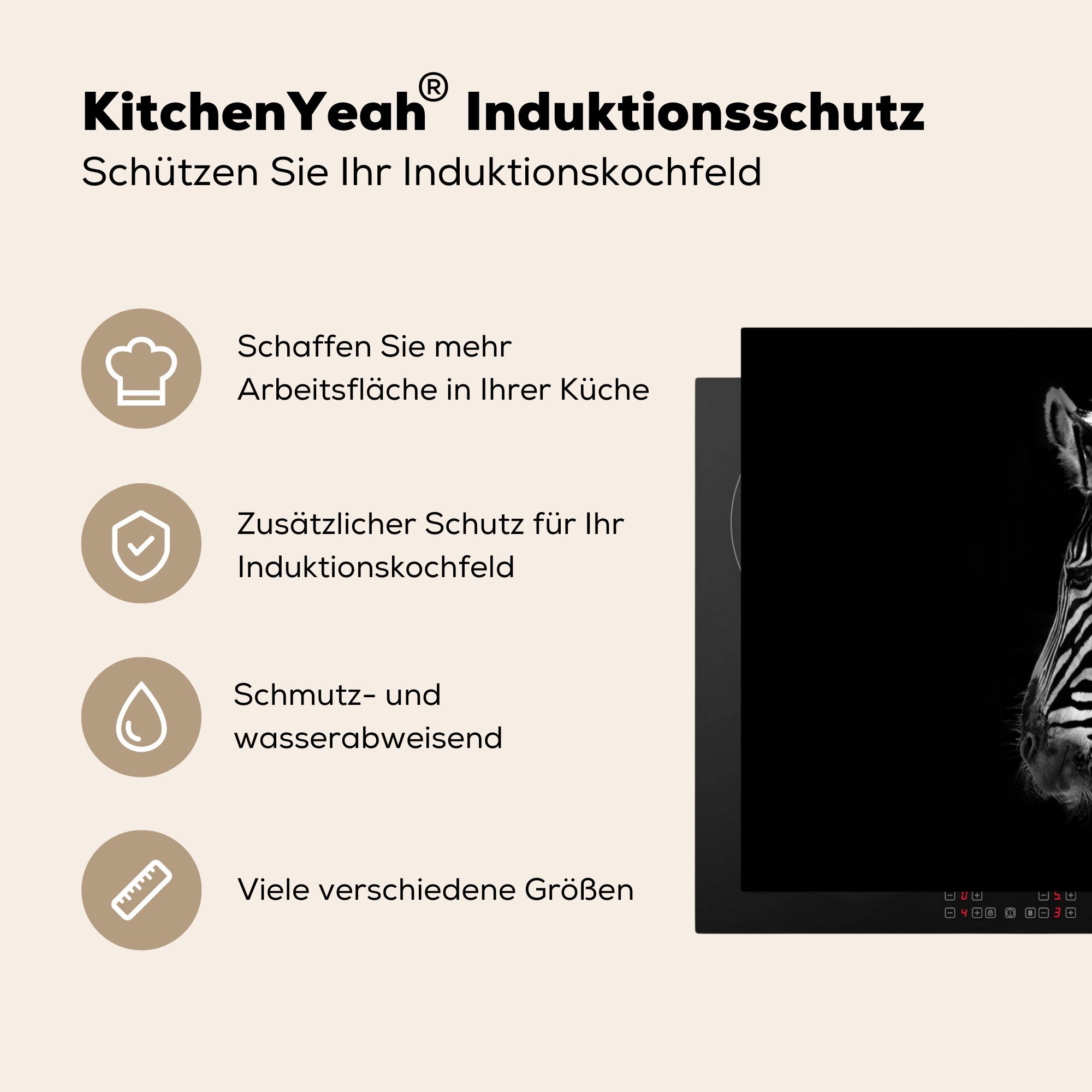 Induktionsmatte 59x52 cm, Ceranfeldabdeckung MuchoWow tlg), die - Tiere Wilde (1 Zebra Schwarz, Vinyl, Herdblende-/Abdeckplatte für küche, -