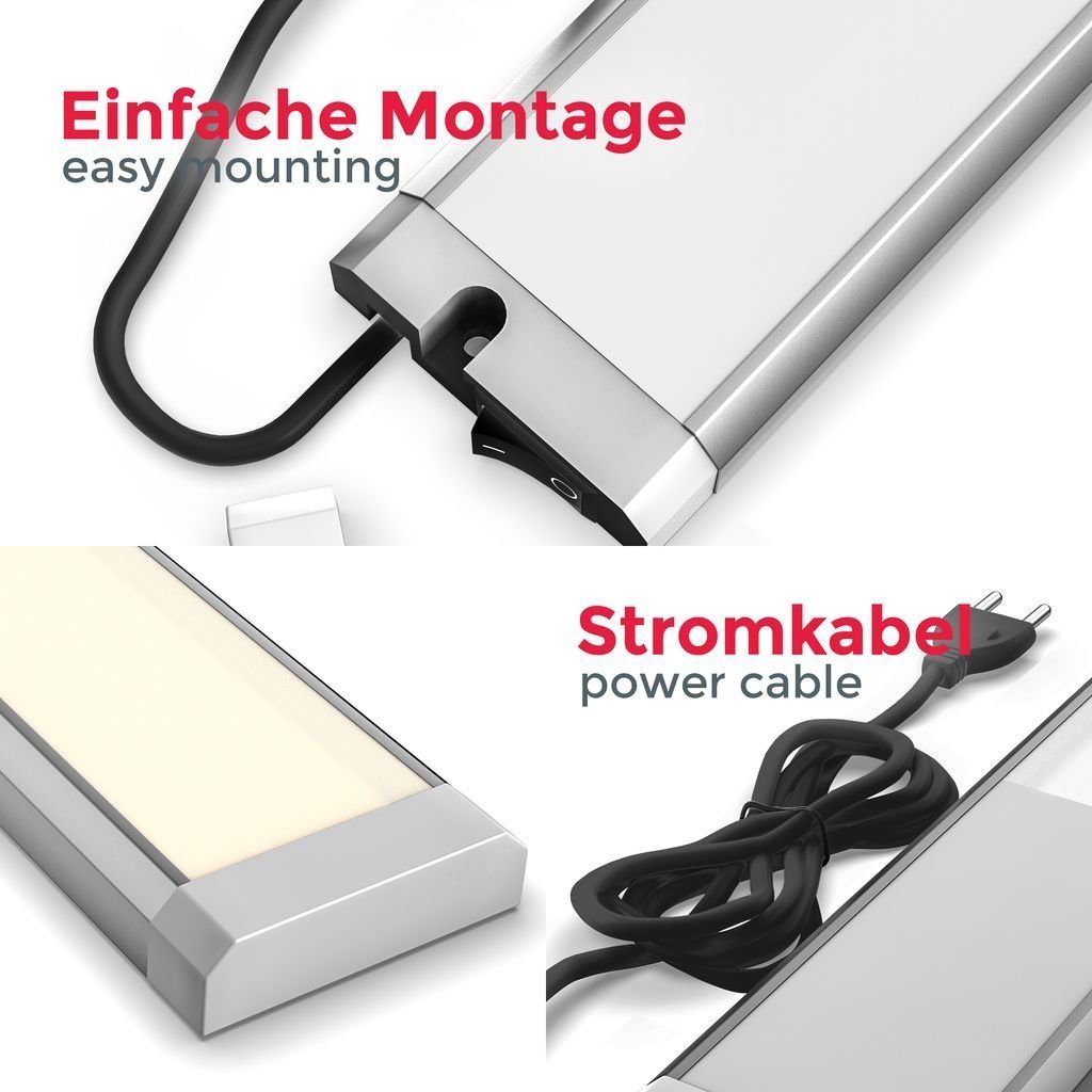 B.K.Licht LED Unterbauleuchte Küche 575mm 10W 1100lm moderne Lichtleiste Bad flach 13mm, LED fest integriert, 3000K - Warmweiß, Unterbaulampe Küchenlampe Werkstattlampe Regal An/Aus Schalter silber