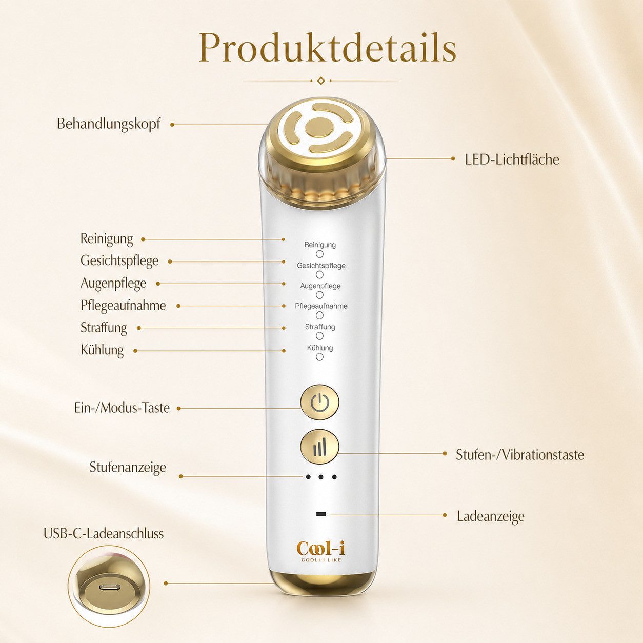 COOL-i ® Dermaroller 2MHz RF & EMS Gesichtsmassagegerät, 6-in-1 Hautverjüngung mit Ultraschall, Licht & Kühlmodus