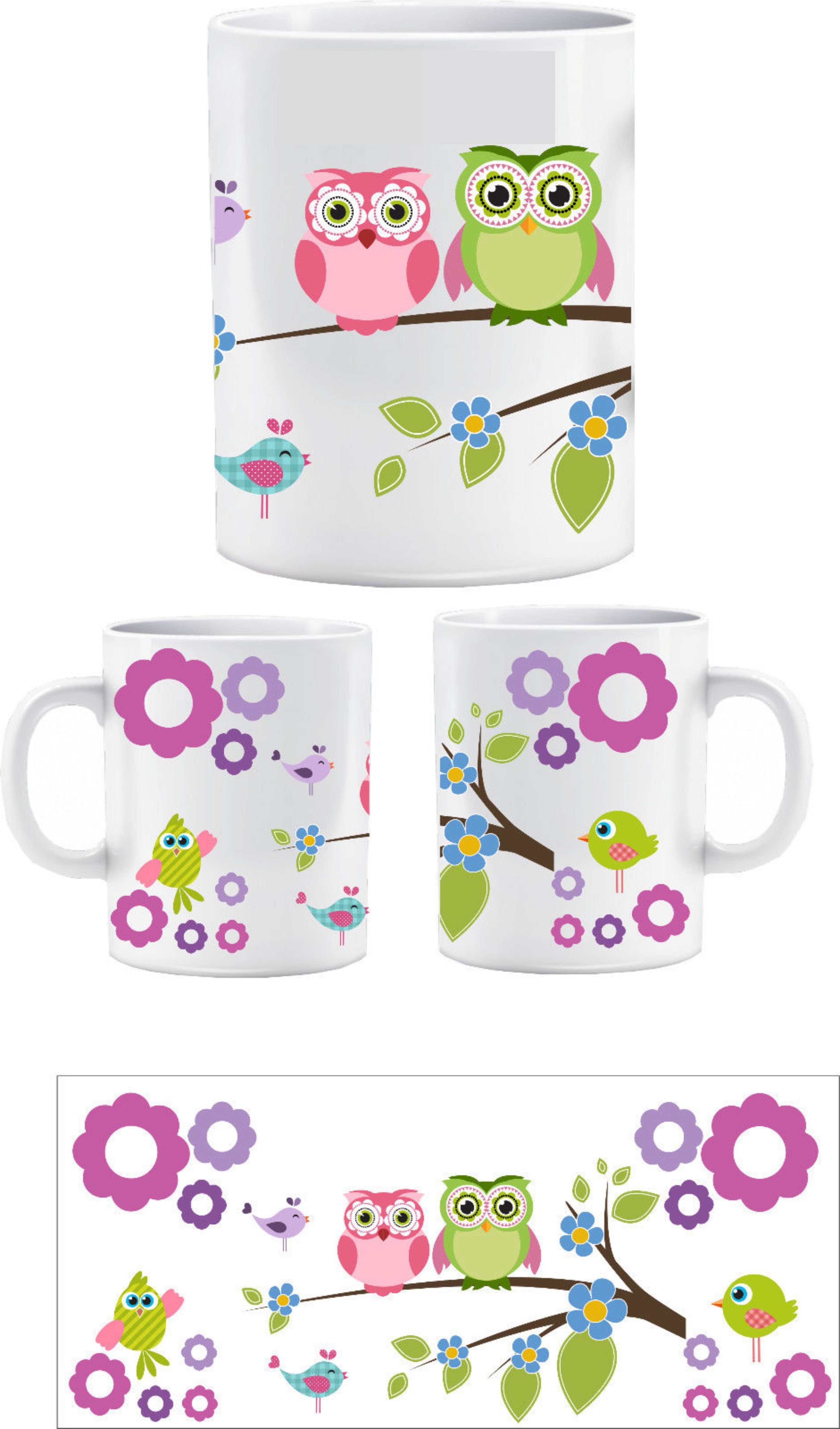 Wandtattoodesign Tasse Tasse mit Druck Eulen auf Ast mit Luftblasen Sublimation, Motiv Eulen