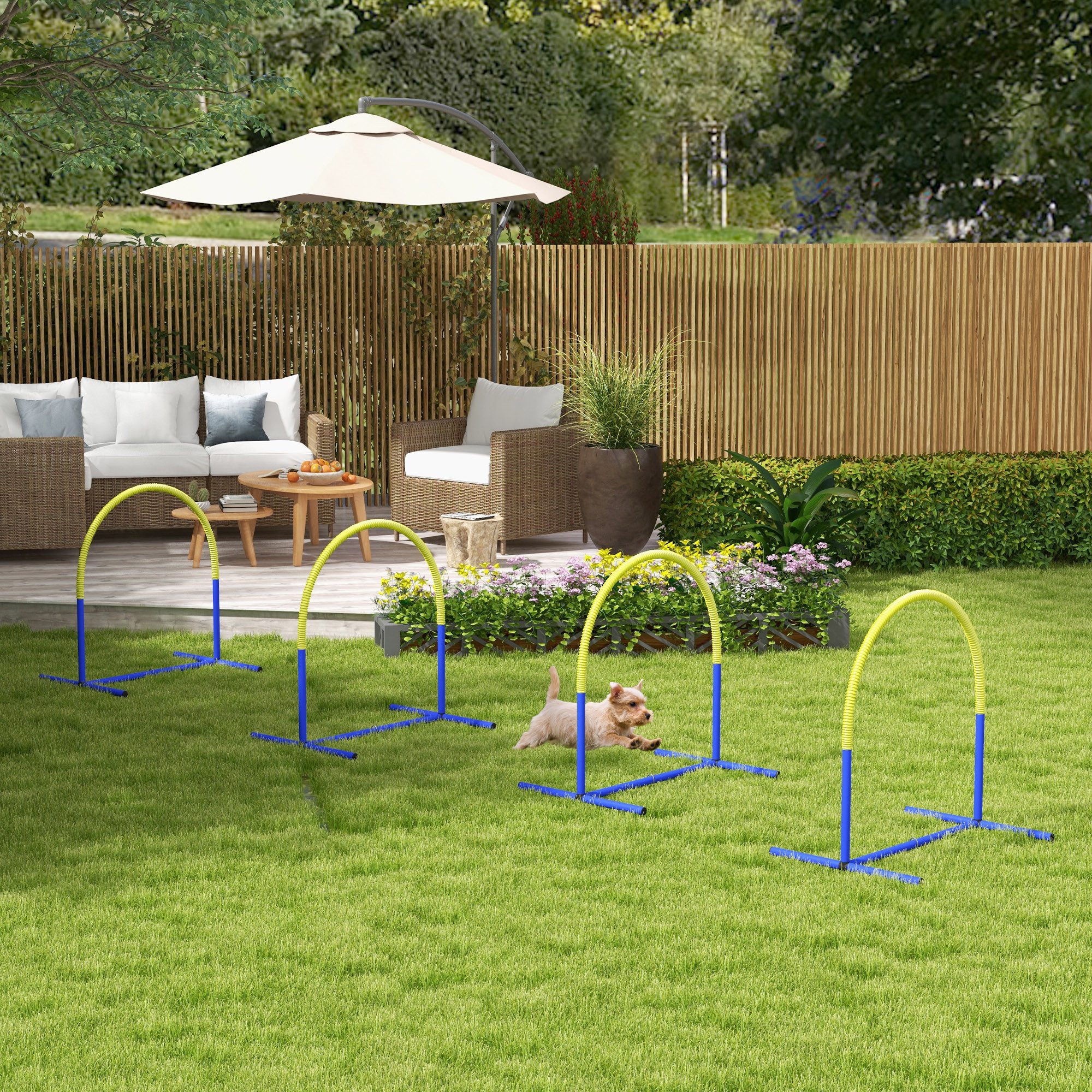 PawHut Agility-Hürde Hund Agility Set, Agilityset für ältere Hunde mit Tragetasche, PE, ABS, Hunde-Agility-Trainingsgeräte (4-tlg) Blau+Gelb 88 x 64 x 95 cm
