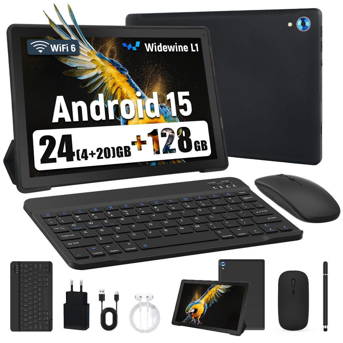 Happybe 10,1 Zoll Android 15, 4GB RAM 128GB mit Tastatur Maus Stylus Hülle Set Tablet (10", 128 GB, Android, WiFi 6, 24(4+20)GB RAM, 1280×800 HD mit Blaulichtfilter für HD-Streaming)