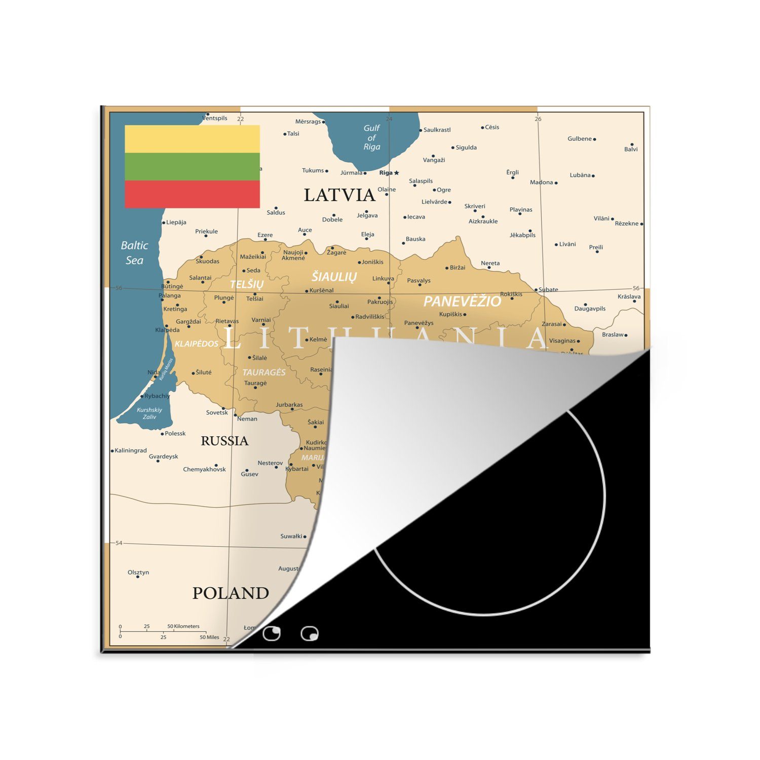 MuchoWow Herdblende-/Abdeckplatte Karte von Litauen mit Flagge, Vinyl, (1 tlg), 78x78 cm, Ceranfeldabdeckung, Arbeitsplatte für küche