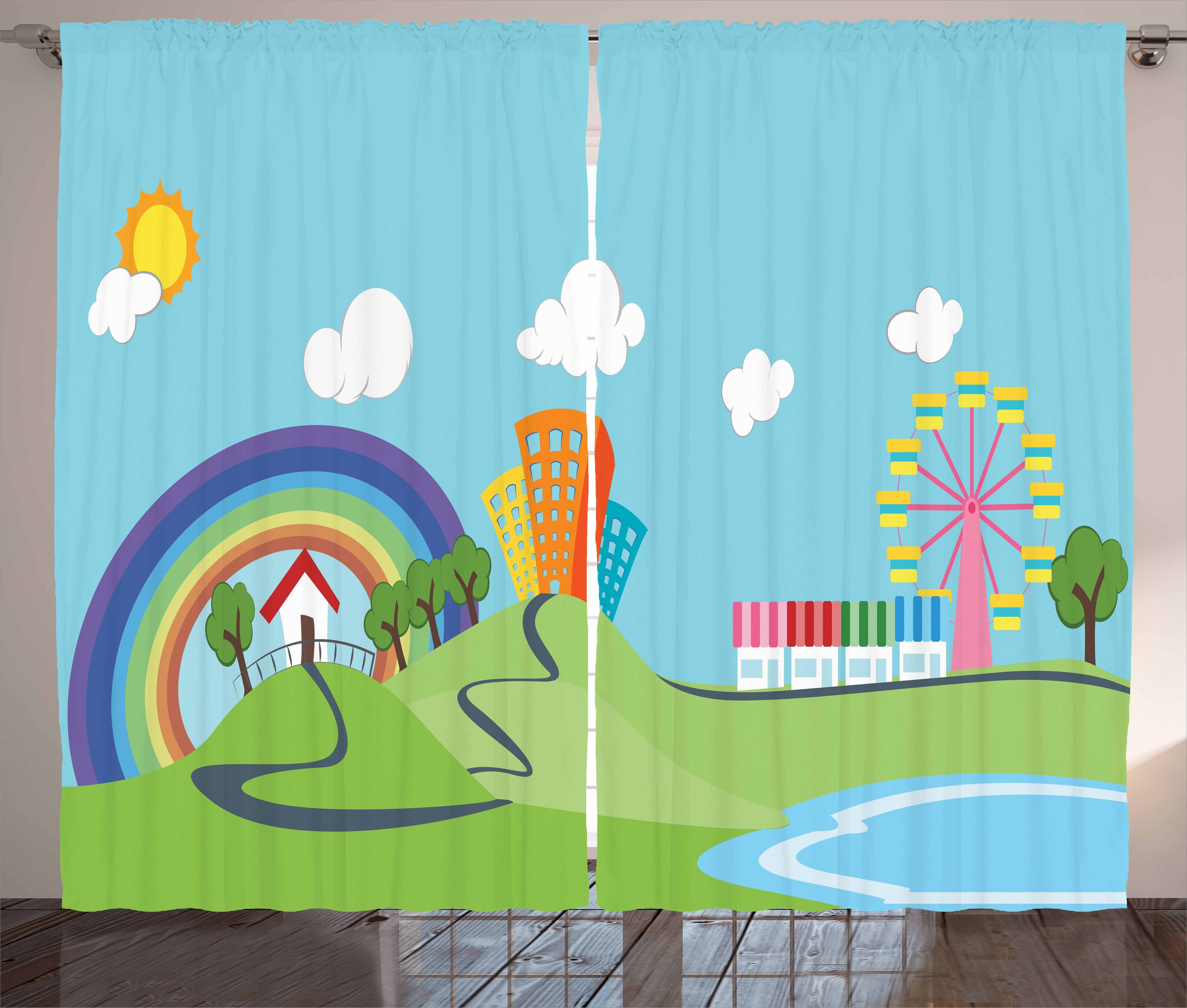 Gardine Schlafzimmer Kräuselband Vorhang mit Schlaufen und Haken, Abakuhaus, Riesenrad Cartoon Dorf