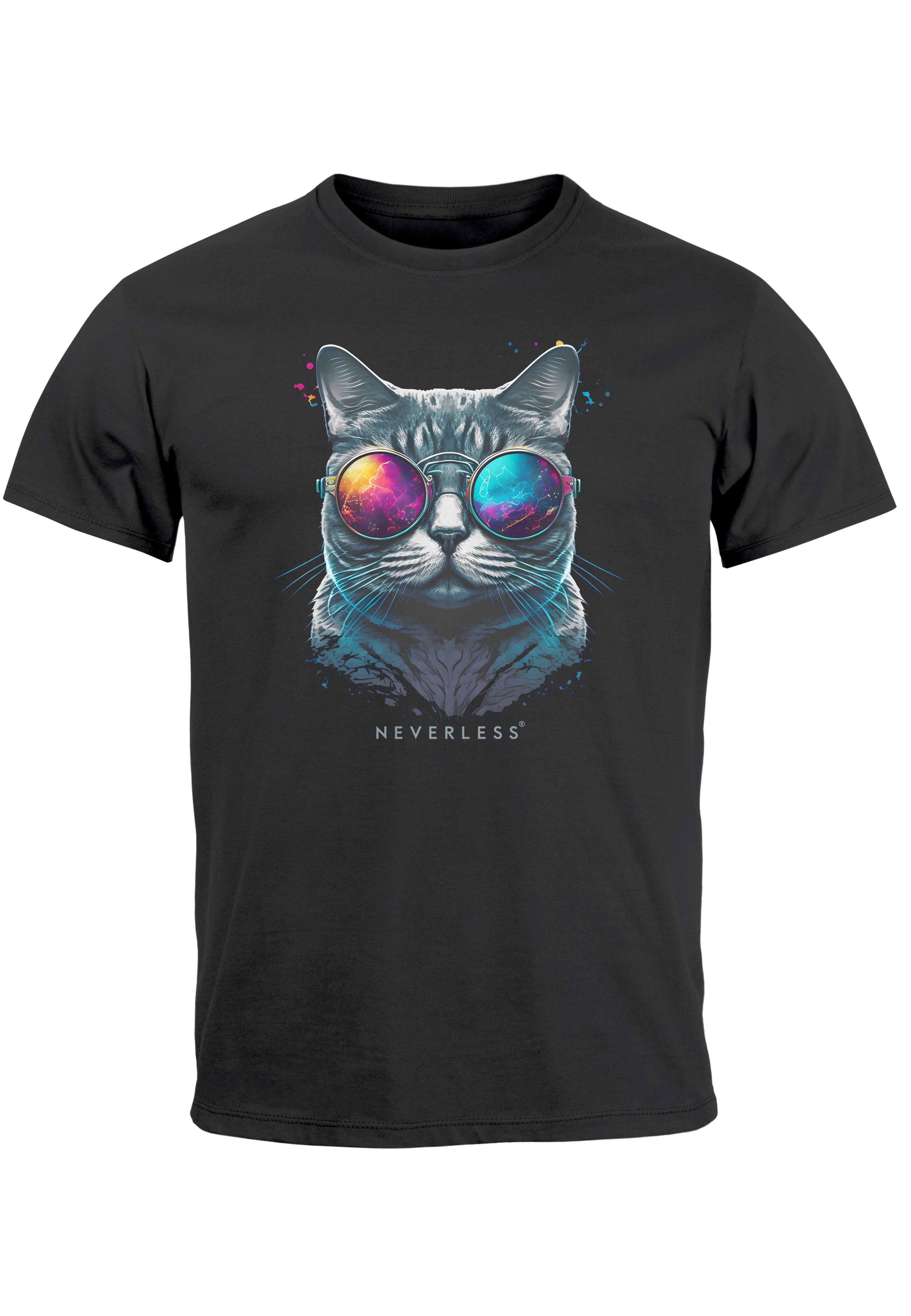 Herren Katze Aufdruck Sommer T-Shirt anthrazit Neverless Cat Sonnenbrille mit Pr Fashion Print Style Print-Shirt