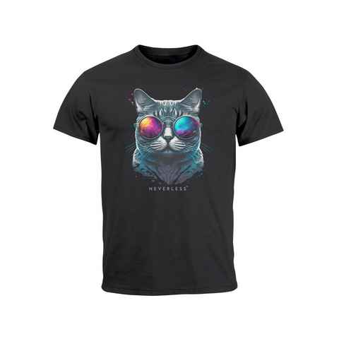 Neverless Print-Shirt Herren T-Shirt Aufdruck Katze Cat Sommer Sonnenbrille Style Fashion Pr mit Print