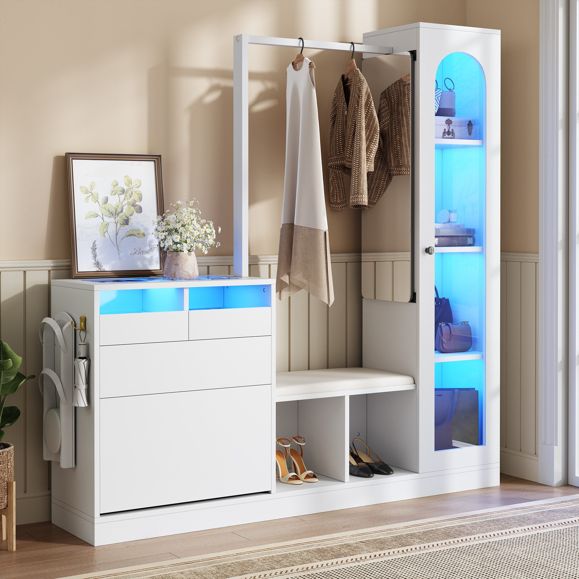 Merax Garderoben-Set 6-in-1 Garderobenschrank Eingangsbereich-Schrank mit LED, (platzsparender Eingangsbereich-Schrank aus Spanplatte, 1-St., 163x161x35cm), Flurschrank mit Spiegel, Schuhschrank, Kleiderstange,9 Stauraumfächern