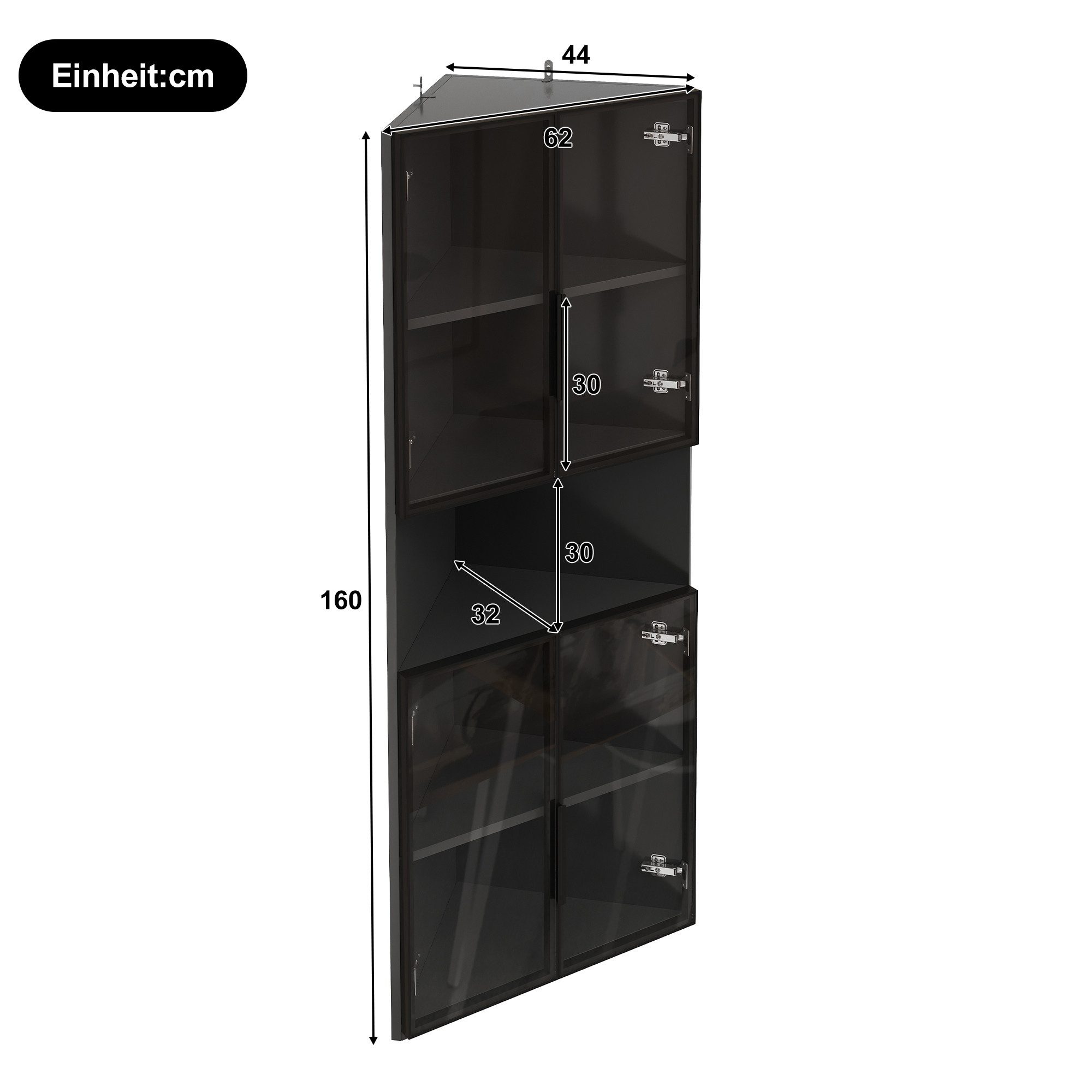 BlingBin Eckvitrine Dreieckige Vitrine mit Glasfront, LED-Licht und offenem Mittelbereich (1 Stück, 1-St., 62 × 32 × 160 cm (L × B × H) für Sammlerstücke, Gläser und Dekoration