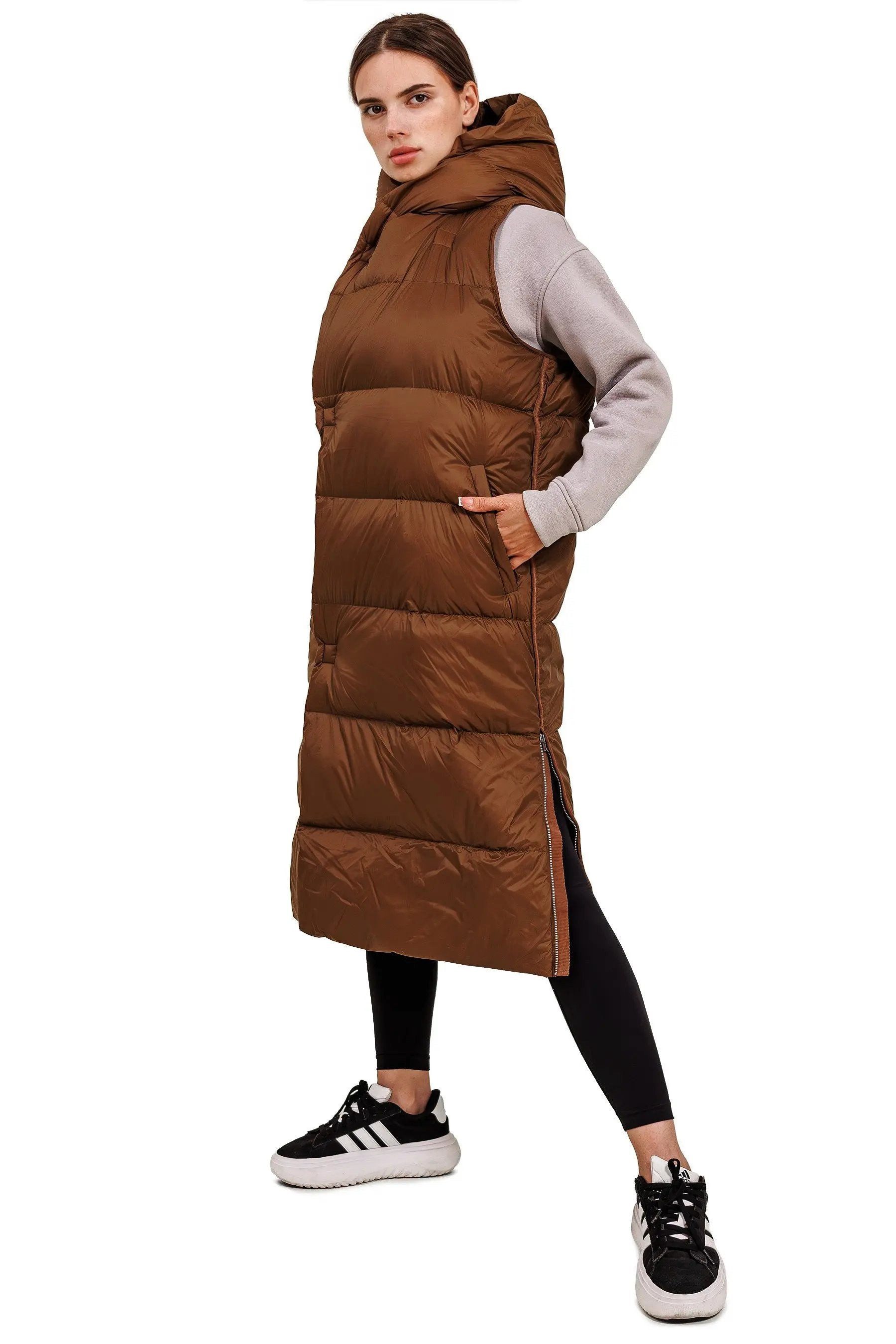 JNBY Daunenweste Damen lange Daunenweste mit Kapuze Frühlingsweste bronze warm