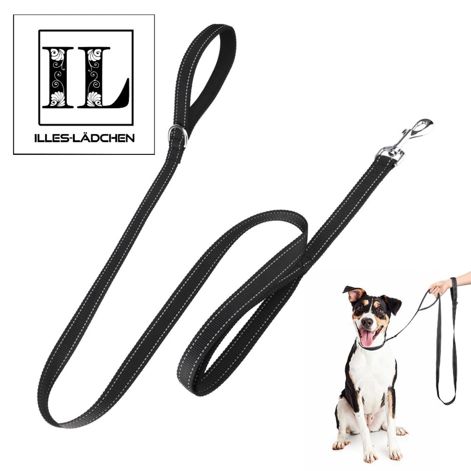 Illes-Laedchen Hundeleine schwarze Hundeleine in TOP QUALITÄT robust reflektierend, mit Doppelgriff 150cm lang
