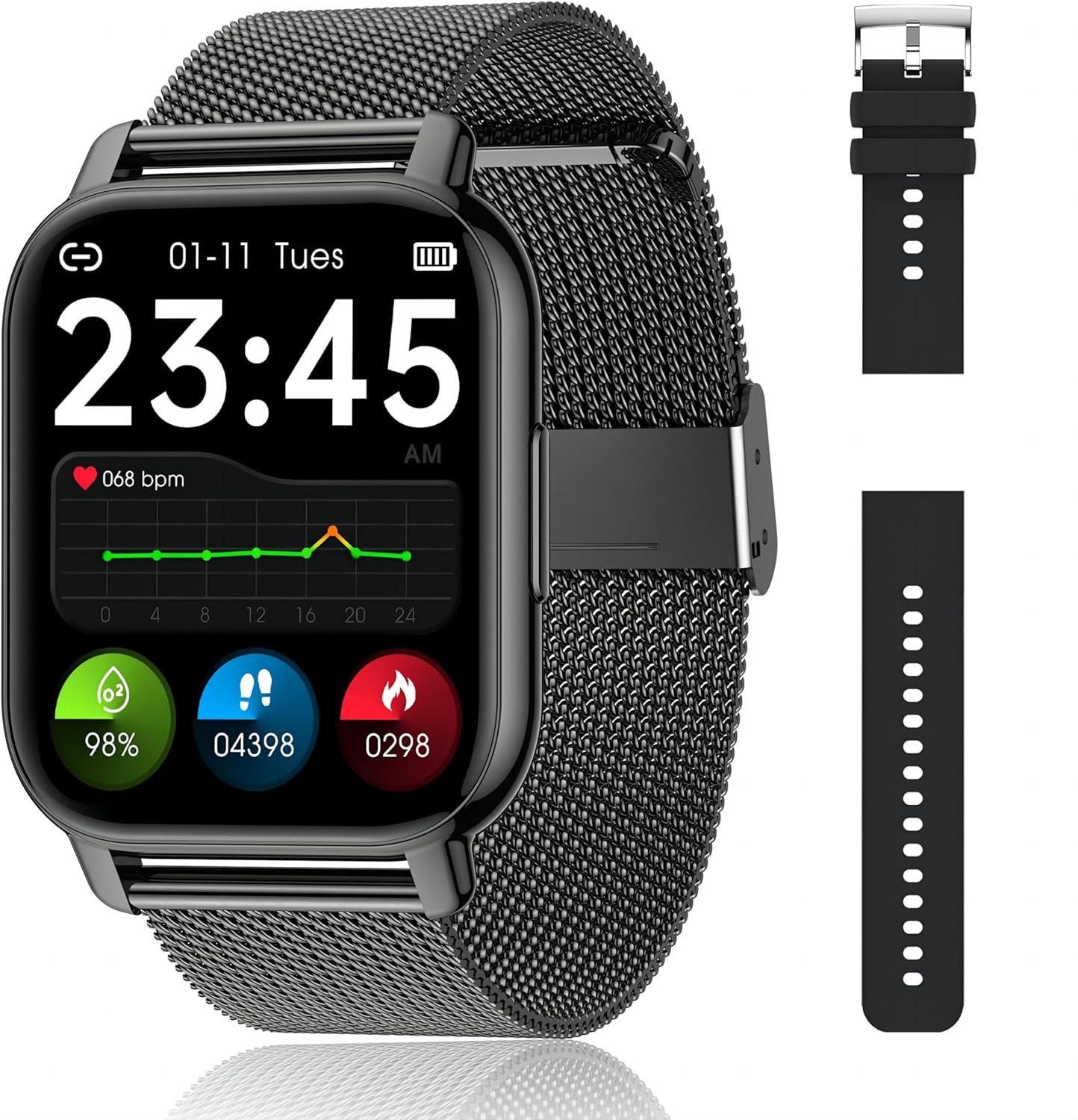 Zevelora Damen's und Herren's Fitness-Tracker Blutdruckmess Smartwatch (1,85 Zoll, Android/iOS), mit austauschbarem weichem Silikonarmband, mit SpO2 Herzfrequenz Schrittzähler Schlafmonitor, Musikwiedergabe