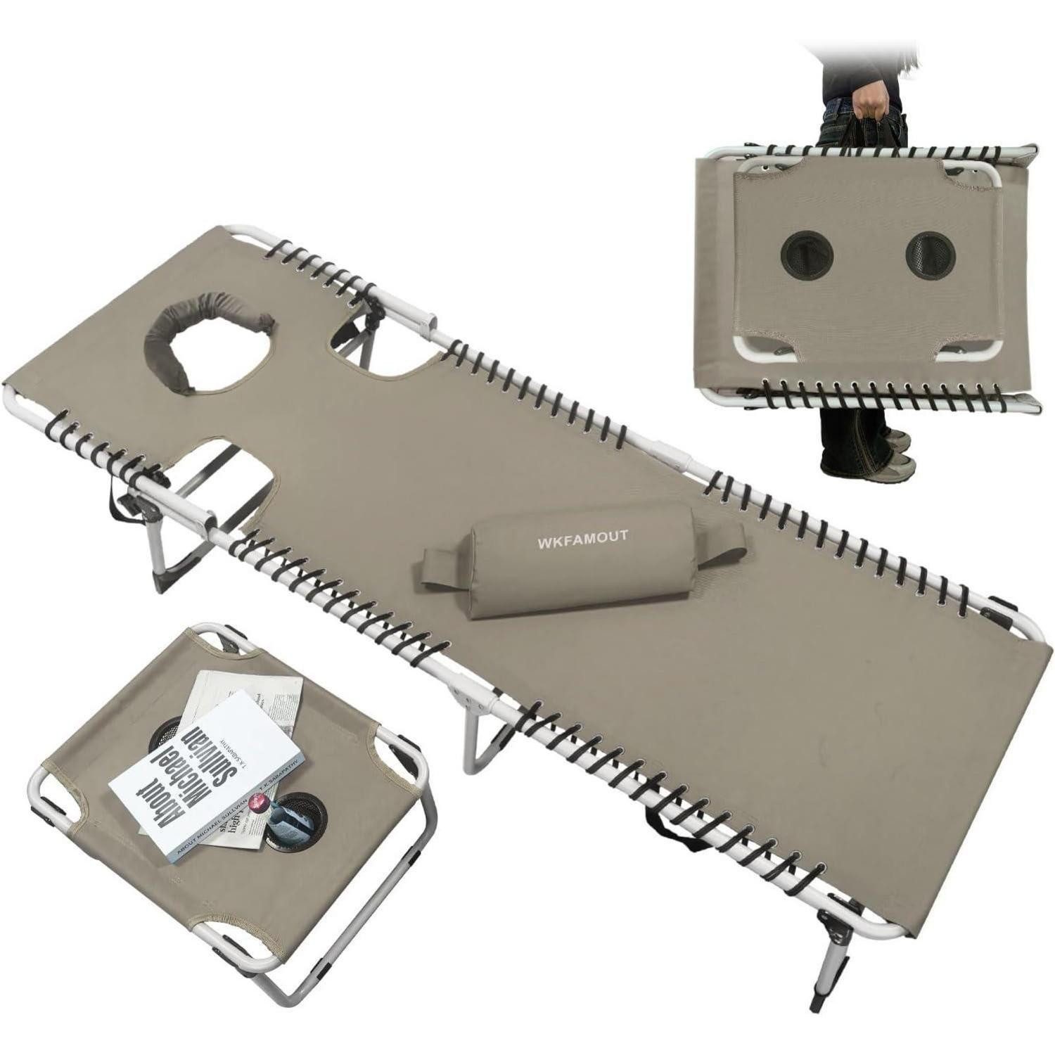 LuxusKollektion Gartenliege Klappbare Sonnenliege mit Gesichtsloch 5-Stufig verstellbar Grau