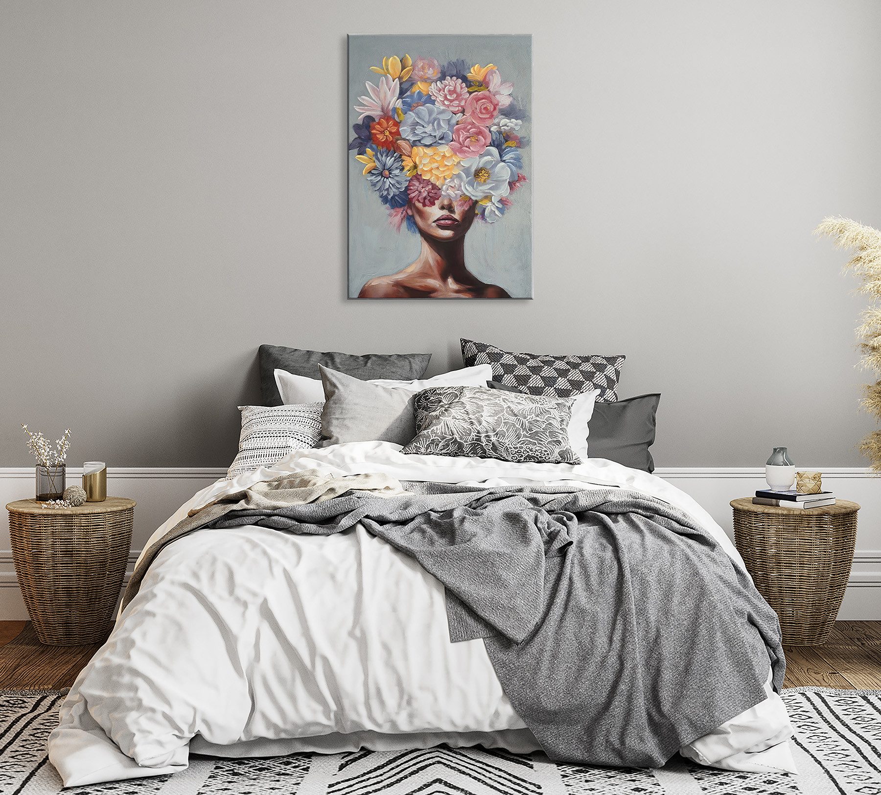 Bönninghoff Ölgemälde handarbeit gerahmt FRAU MIT BLUMEN 60x90 cm – Wandbild Deko, Blumen, Frau, Portrait (1 St), handgefertigt, jedes Bild ein Unikat, Schatten – Bild 5 von 5