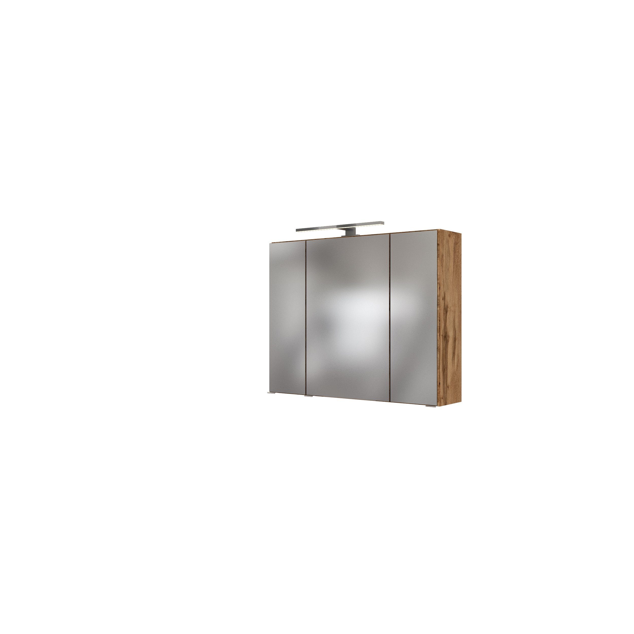möbelando Spiegelschrank Oulu Moderner Spiegeltüren cm, und Steckdose. LED-Aufbauleuchte, Spiegelschrank, Trafobox, inkl. 3 und 64 Höhe 1 melaminharzbeschichteter mit Breite cm, cm Spanplatte aus in Tiefe Schalter 20 6 Glaseinlegeböden, Wotaneiche 80 Korpus